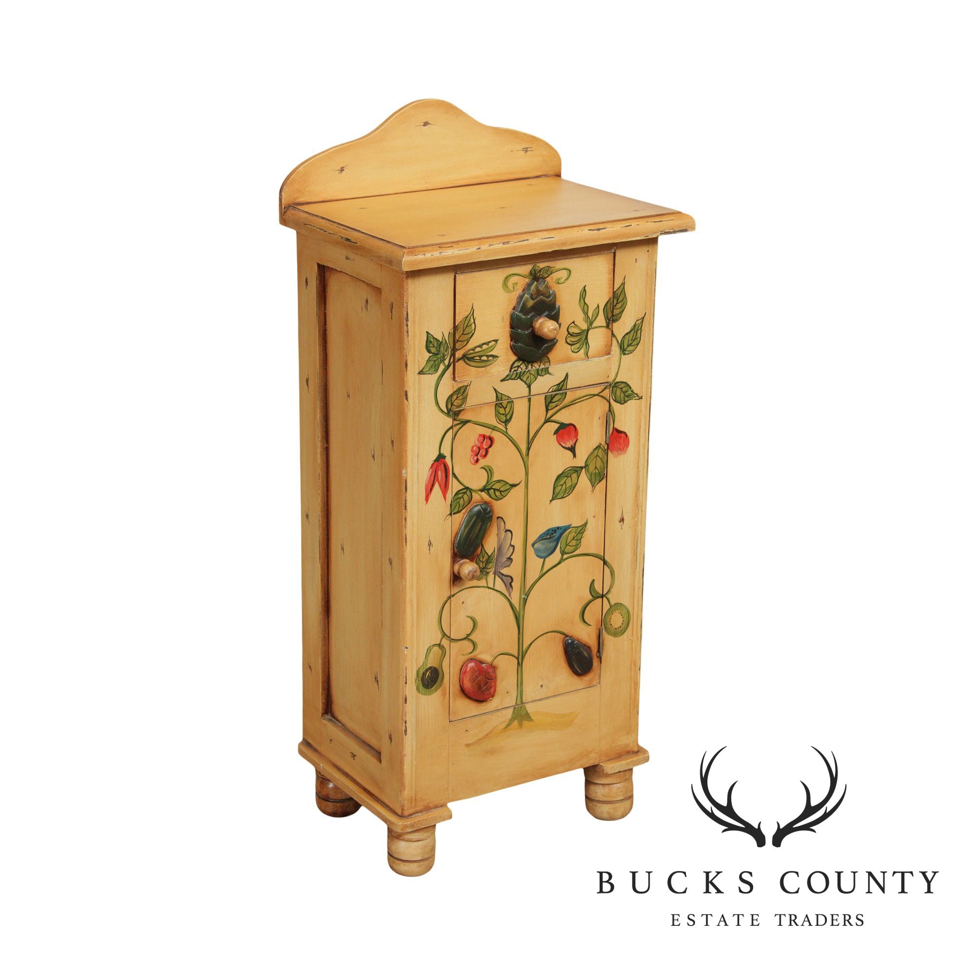 Country Folk Art Style Hand Painted Narrow Storage Cabinet