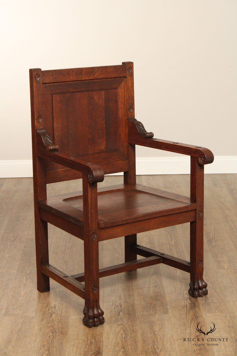 English Traditional Pair of Carved Oak Wainscot Armchairs