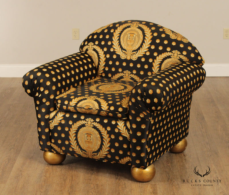 Pair of Custom Black and Gold Upholstered Club Chairs