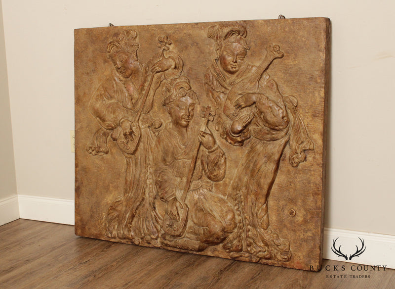 Chinese Musician Trio Large Carved Wall Relief Sculpture