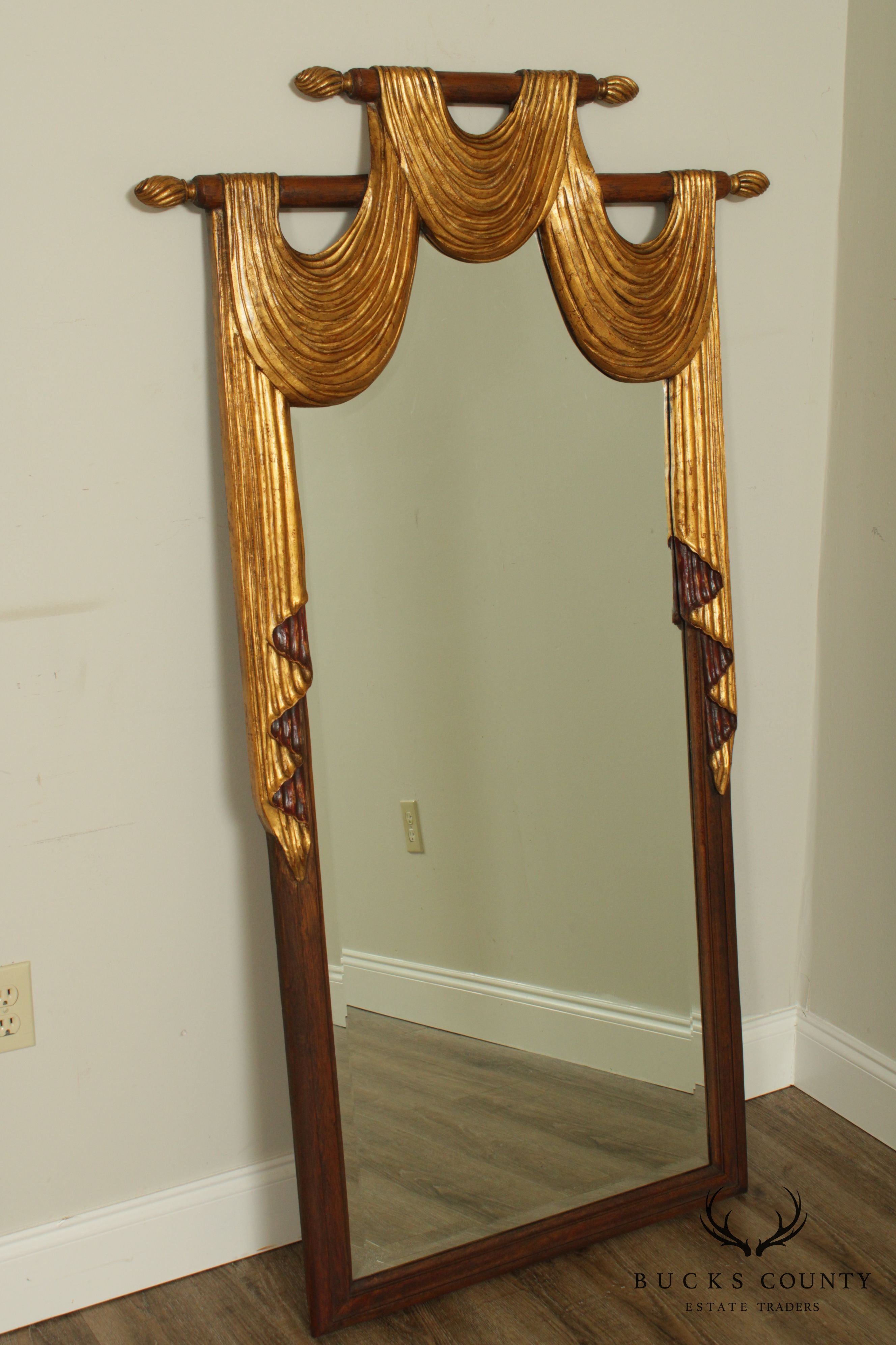 Harrison & Gil Mahogany and Gilt Wood Roman Drapery Carved Beveled Wall Mirror