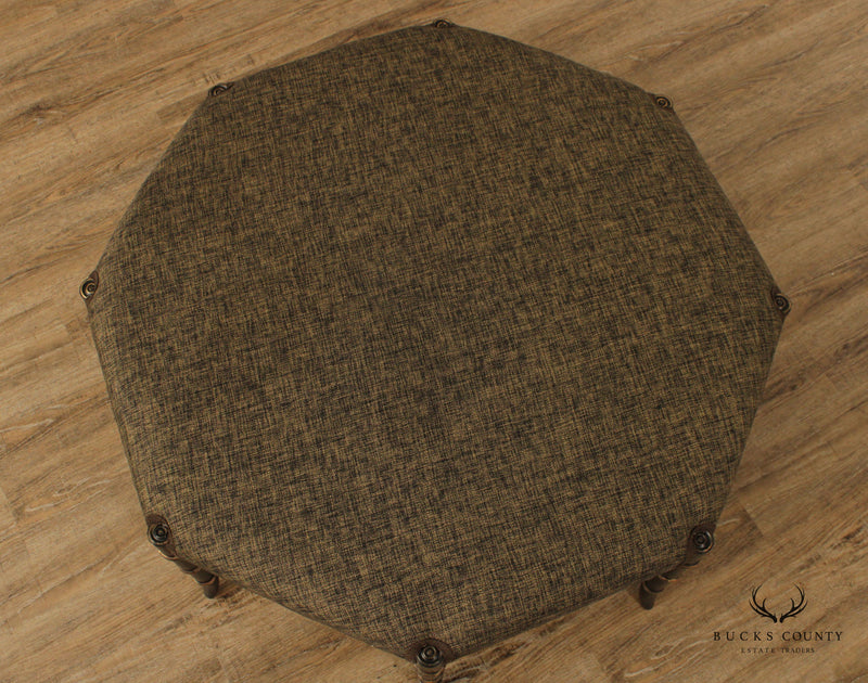 Regency Style Faux Bamboo Black And Gold Octagonal Upholstered Ottoman