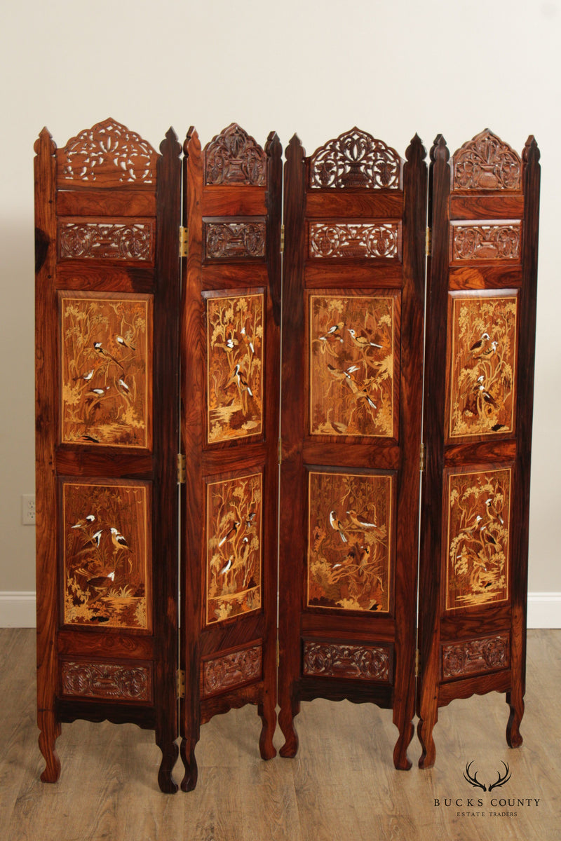 Asian Quality Carved and Inlaid Rosewood Four-Panel Room Divider