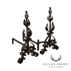 Quality Vintage Pair Wrought Iron Andirons