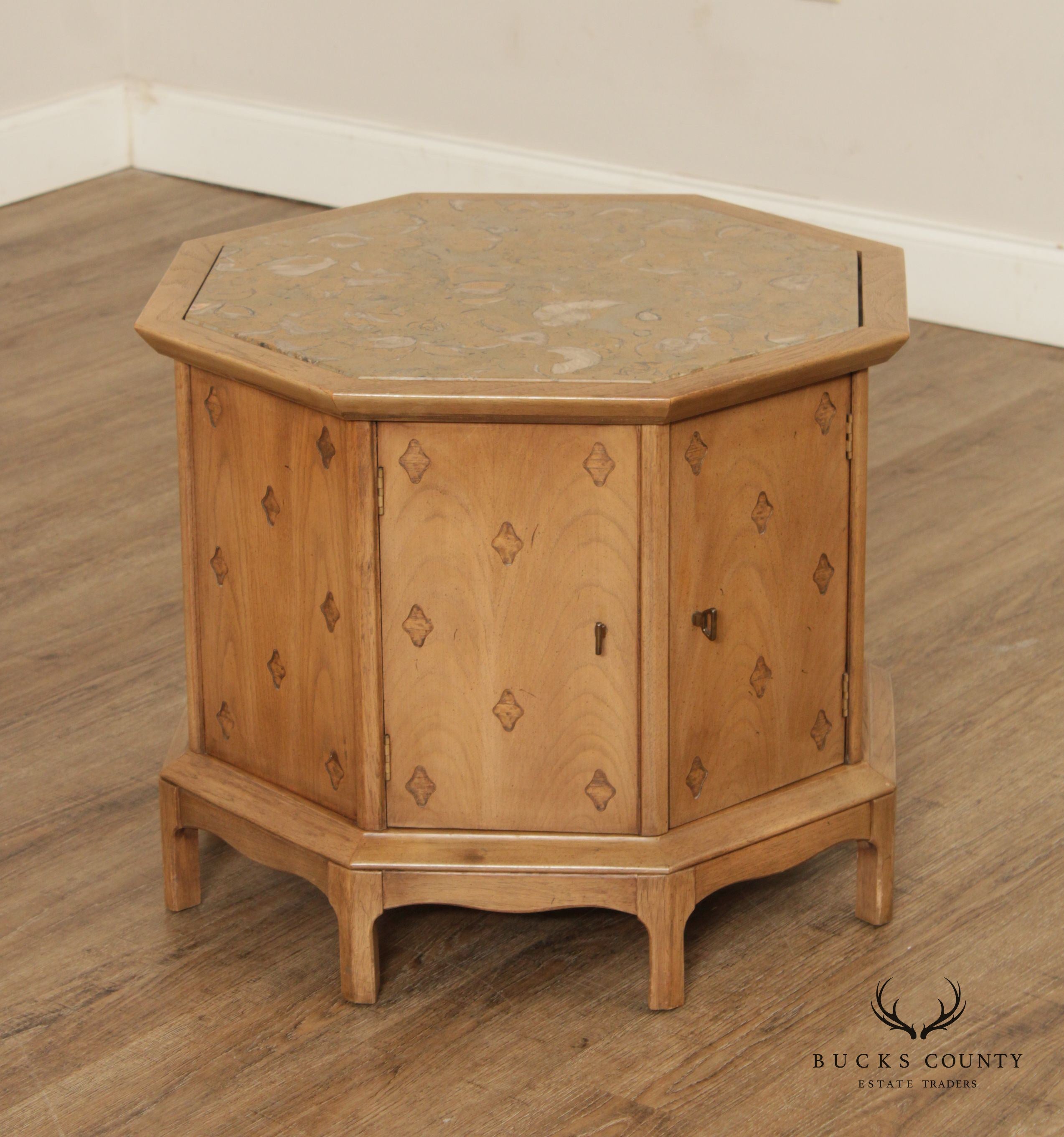 Thomasville Mid Century Modern Moroccan Style Pecan Wood Octagonal Drum Cabinet