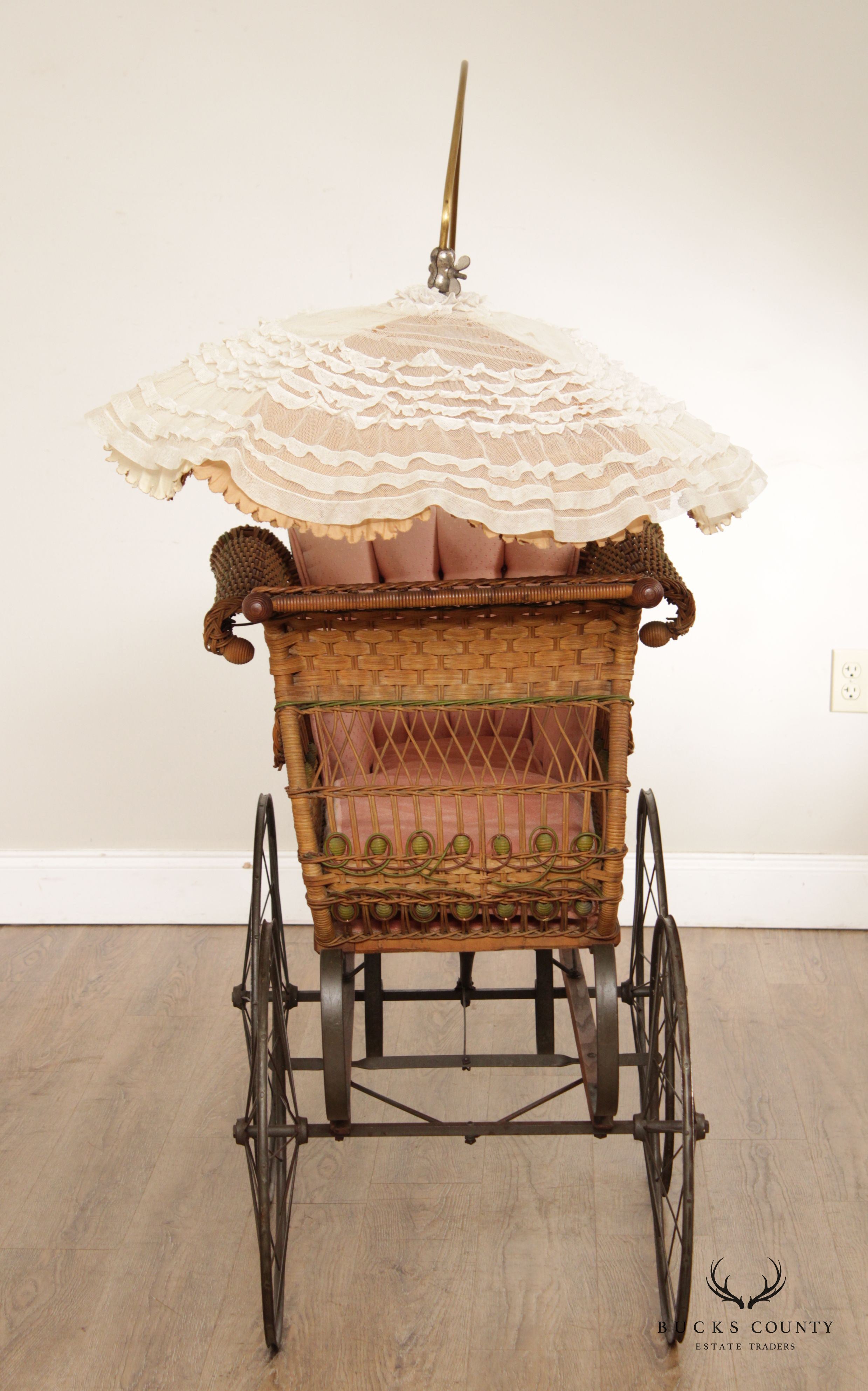 Antique Victorian Wicker Carriage Stroller with Umbrella