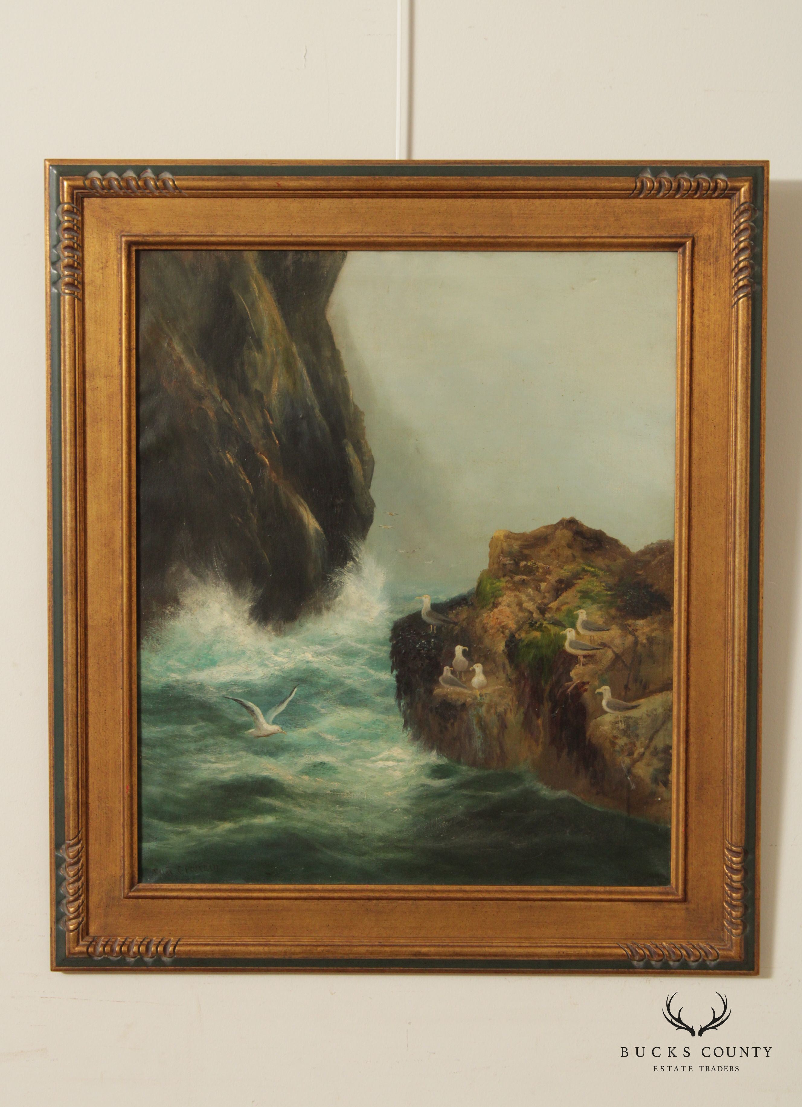 Antique 19th C. Scottish Rocky Shoreline Seascape Painting by Peter Graham