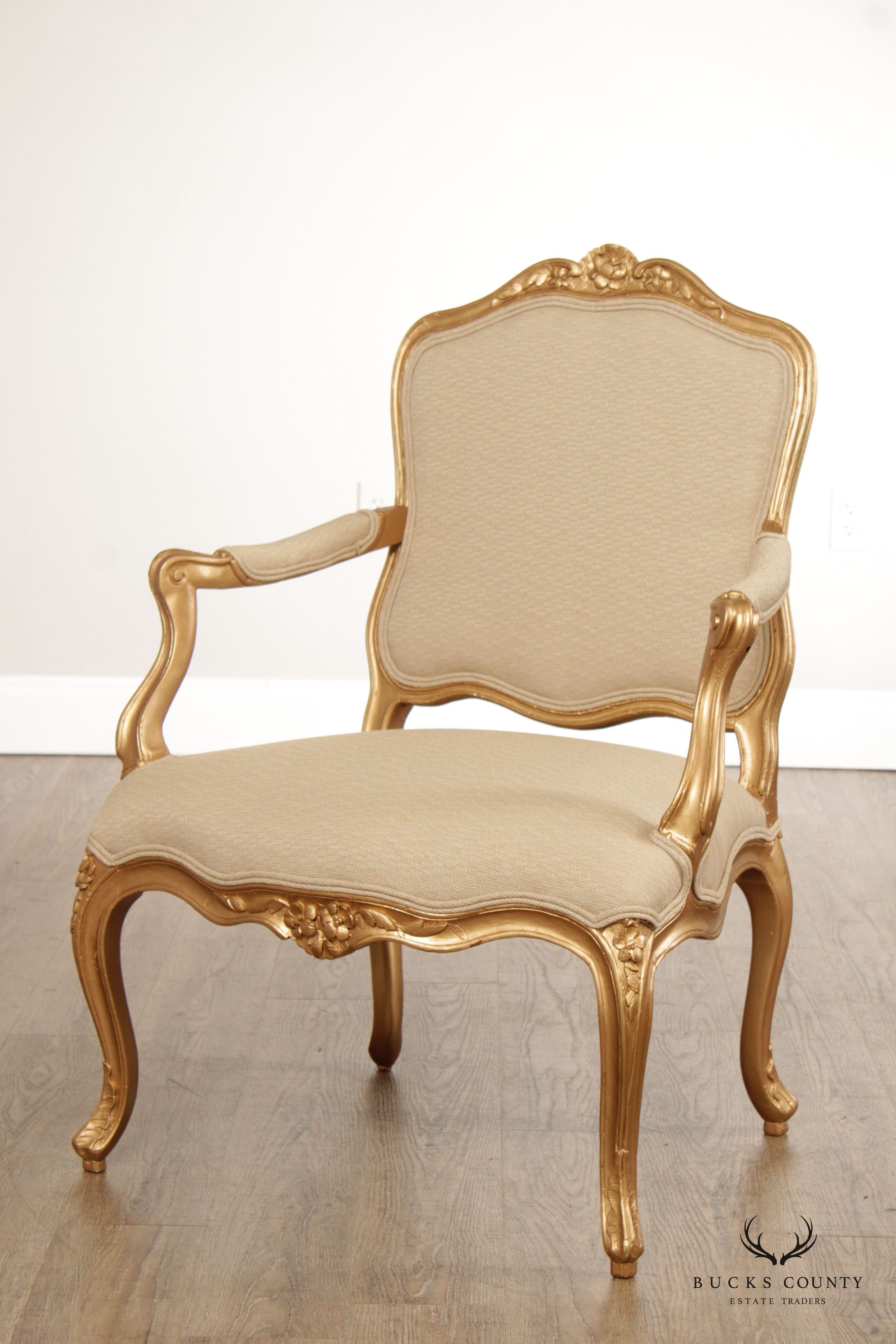 Antique French Louis XV Style Giltwood Fauteuil Armchair