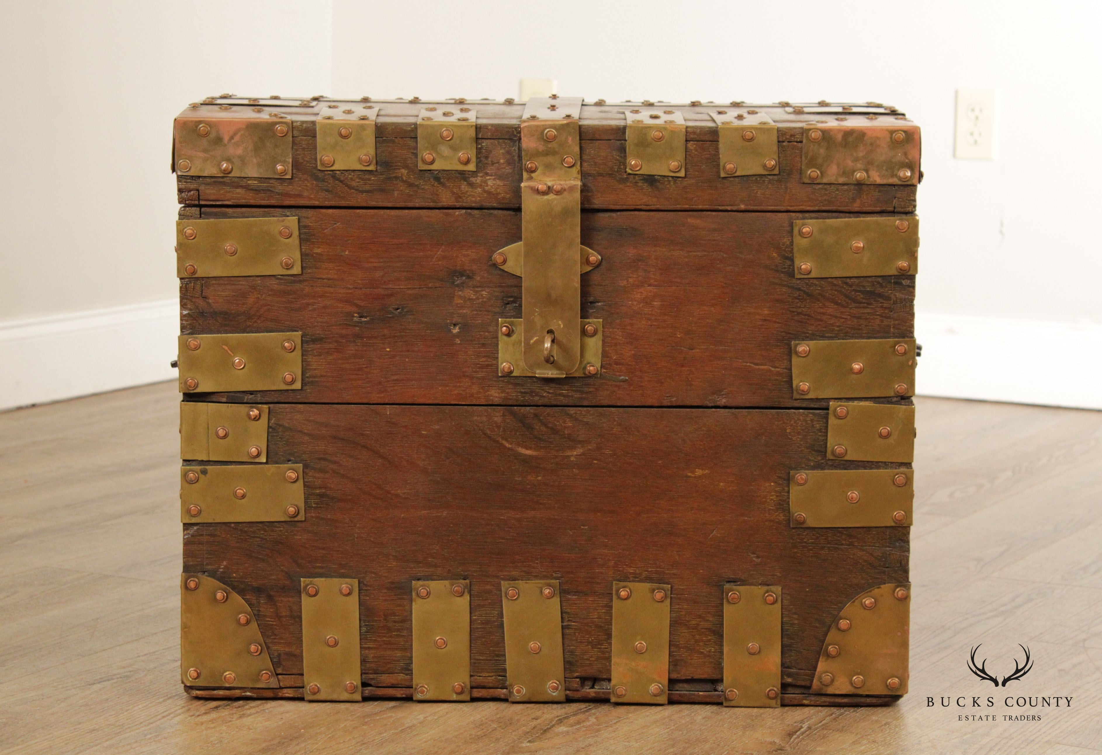 Antique Campaign Style Brass Strapped Trunk Chest