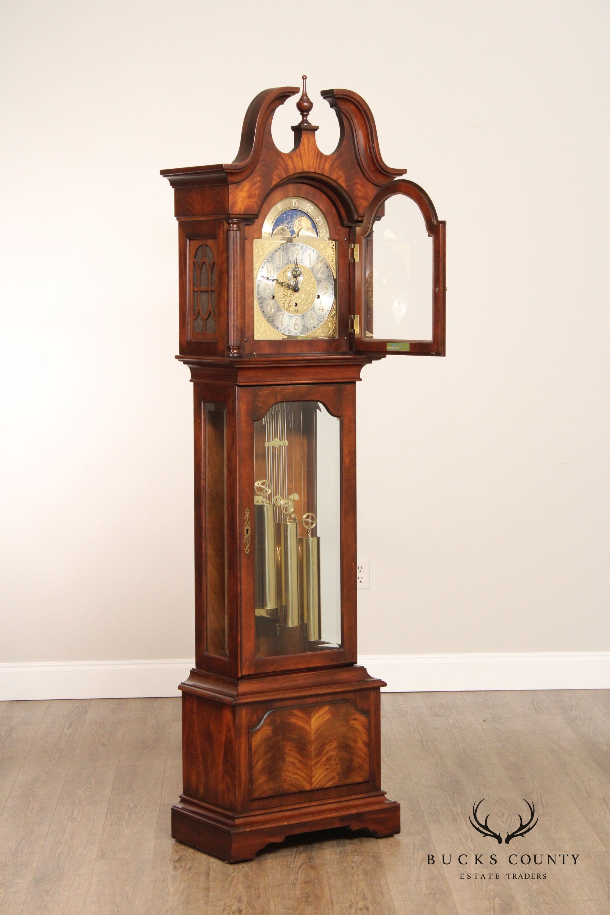 Sligh Chippendale Style Flame Mahogany Grandfather Clock