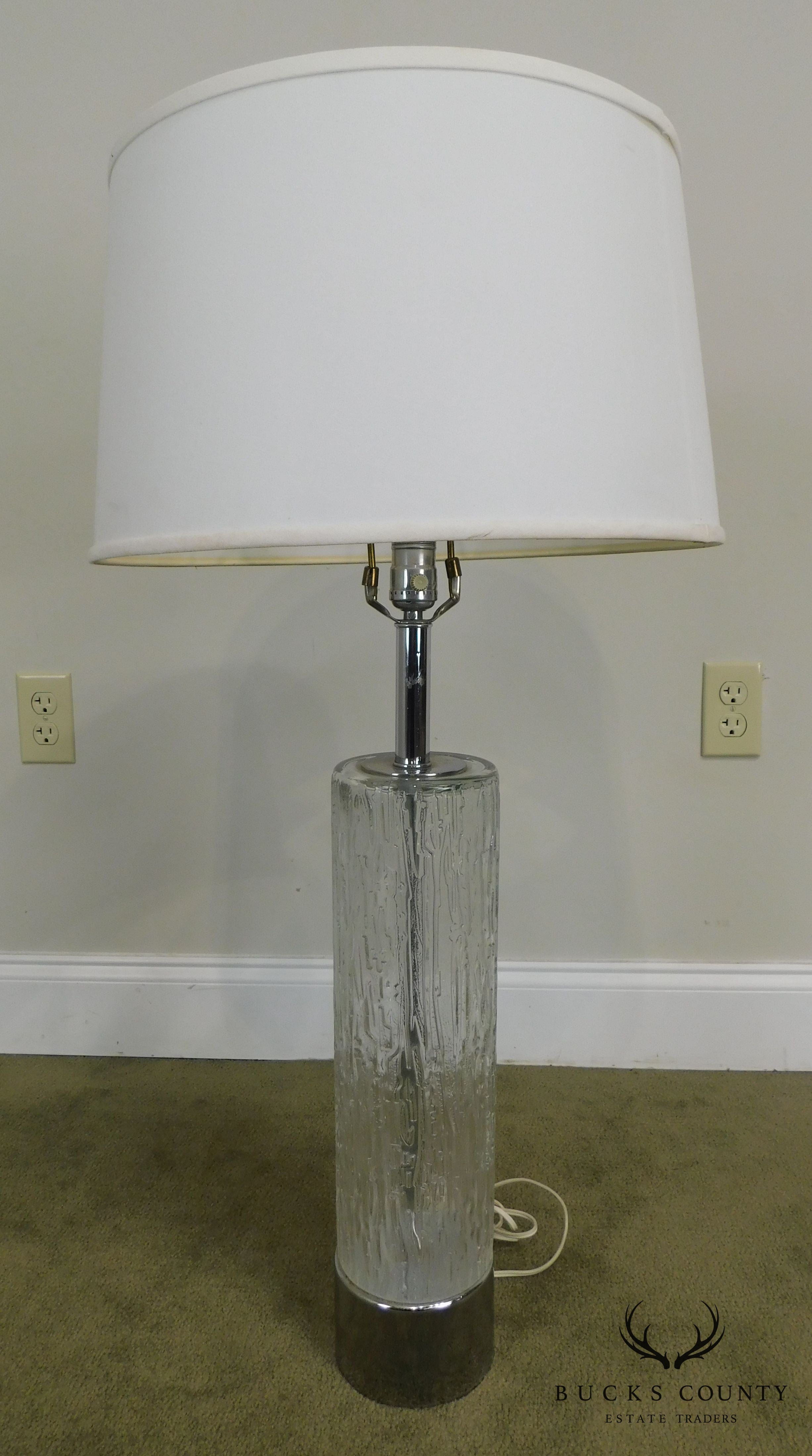 Mid Century Modern Pair of Chrome & Patterned Glass Column Lamps - 1970's