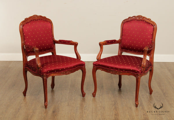 Ethan Allen French Louis XV Style Pair Of Carved Fauteuil Armchairs
