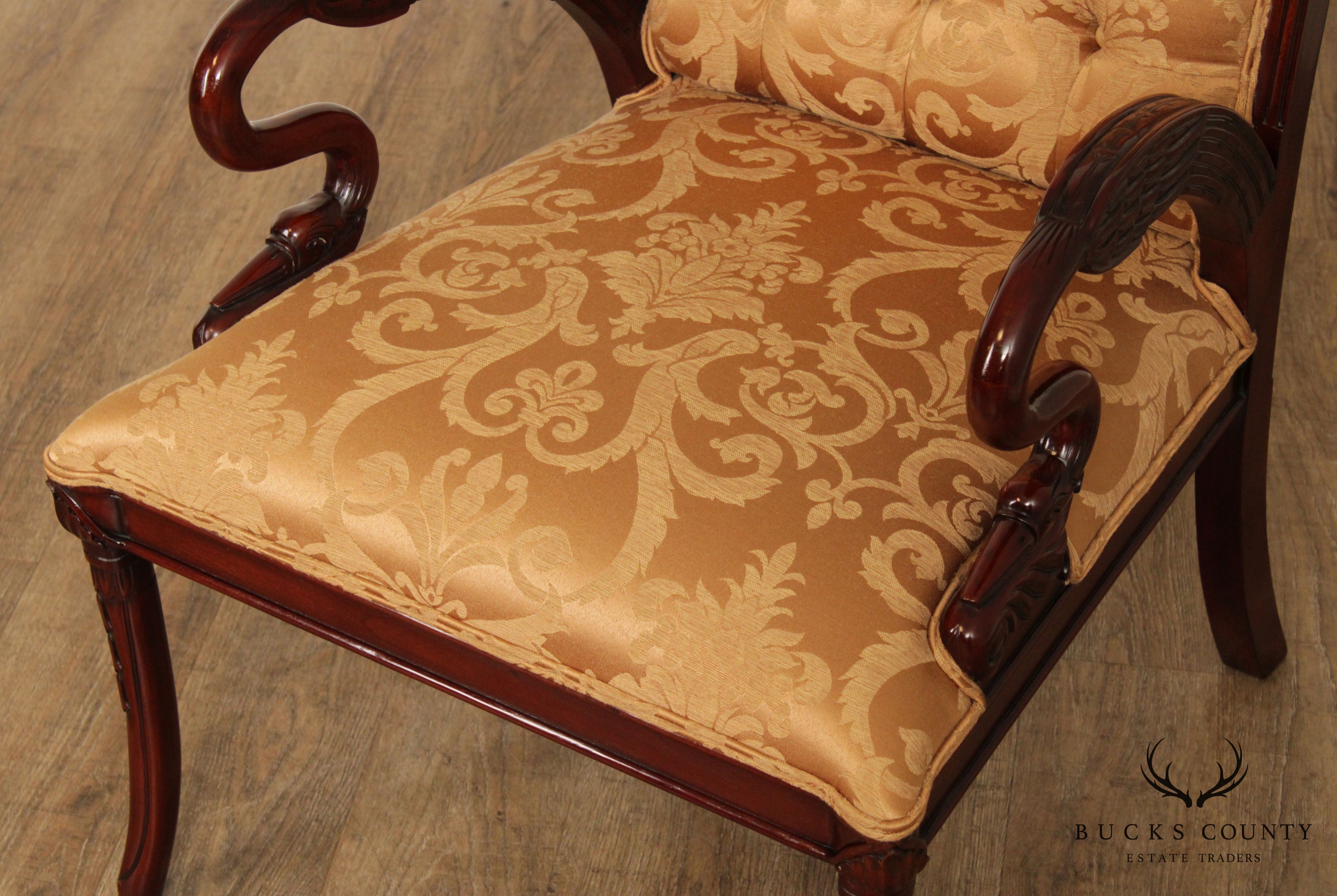 French Regency Style Carved Mahogany Pair Armchairs