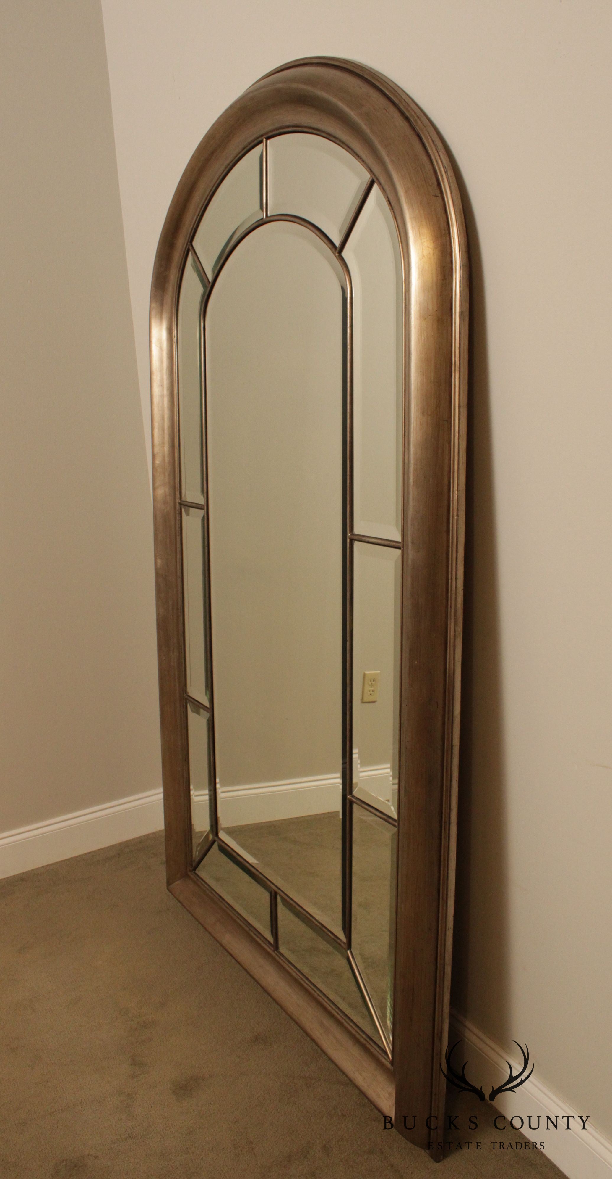 Large Silver Finished Arched Beveled Mirror