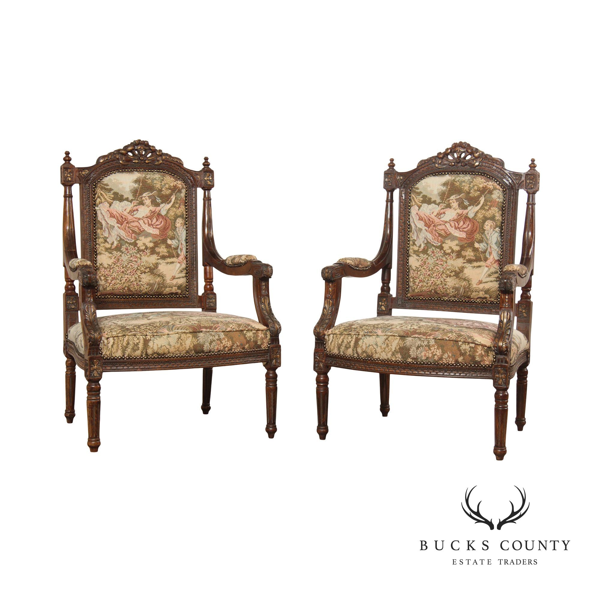 Italian Louis XVI Style Pair of Carved Throne Chairs