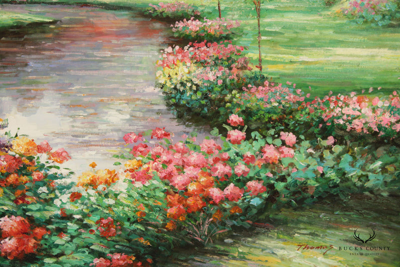Vintage Impressionist Garden Landscape Original Oil Painting, Signed Thomas
