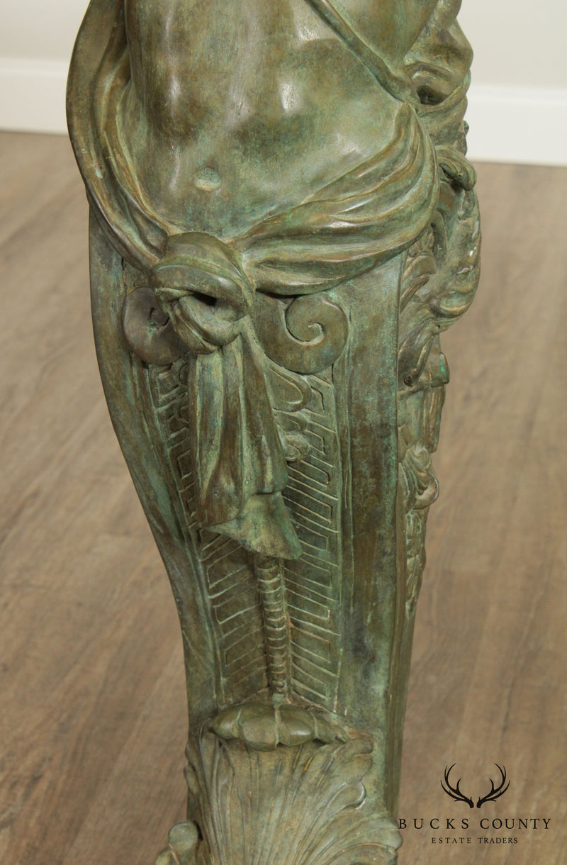 Bronze Marble Top Pair "Telamon" Greek God Statues, 48" Pedestals