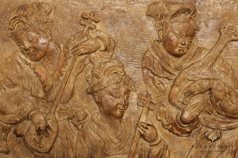 Chinese Musician Trio Large Carved Wall Relief Sculpture