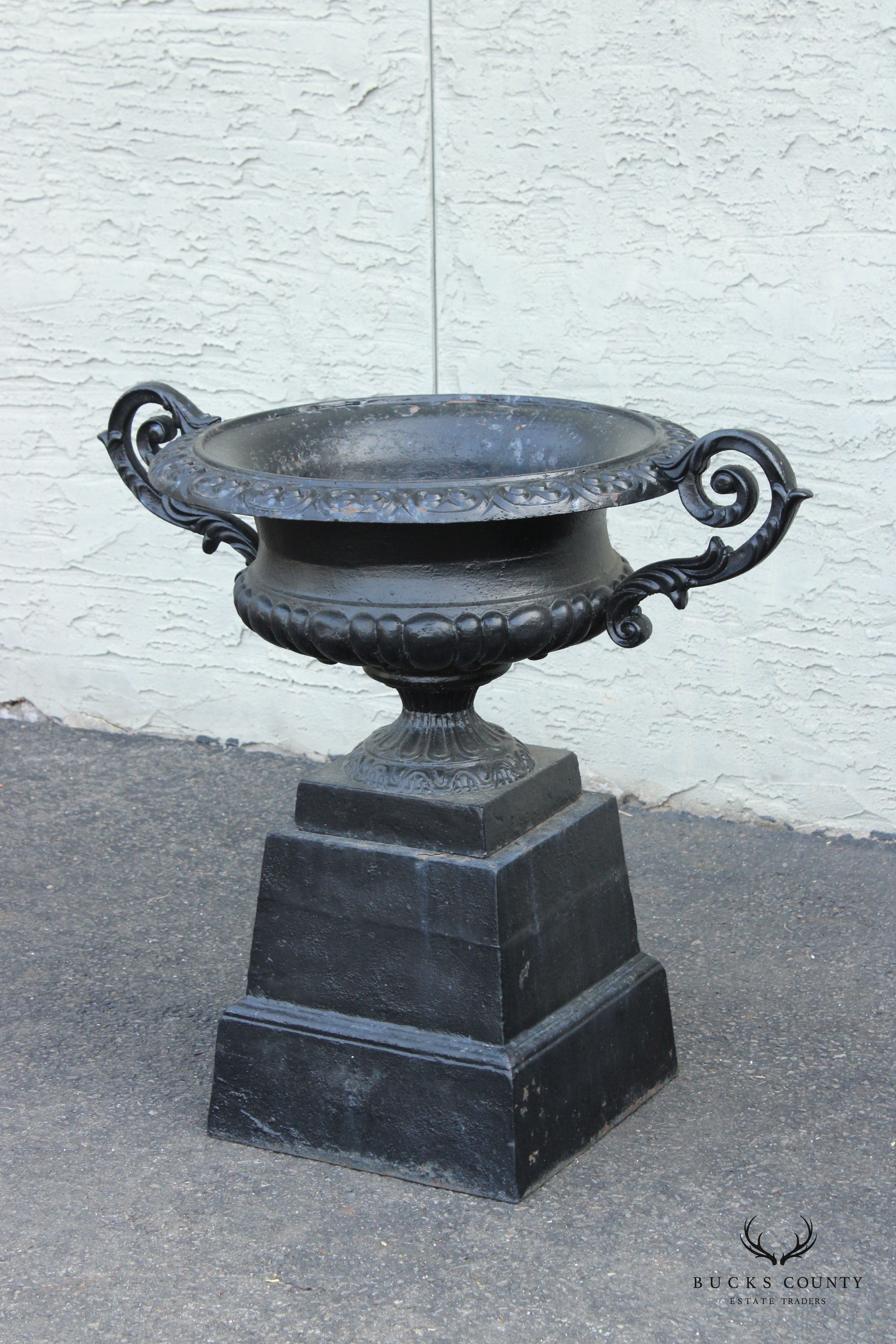 Neoclassical Style Pair of Cast Iron Outdoor Garden Urns