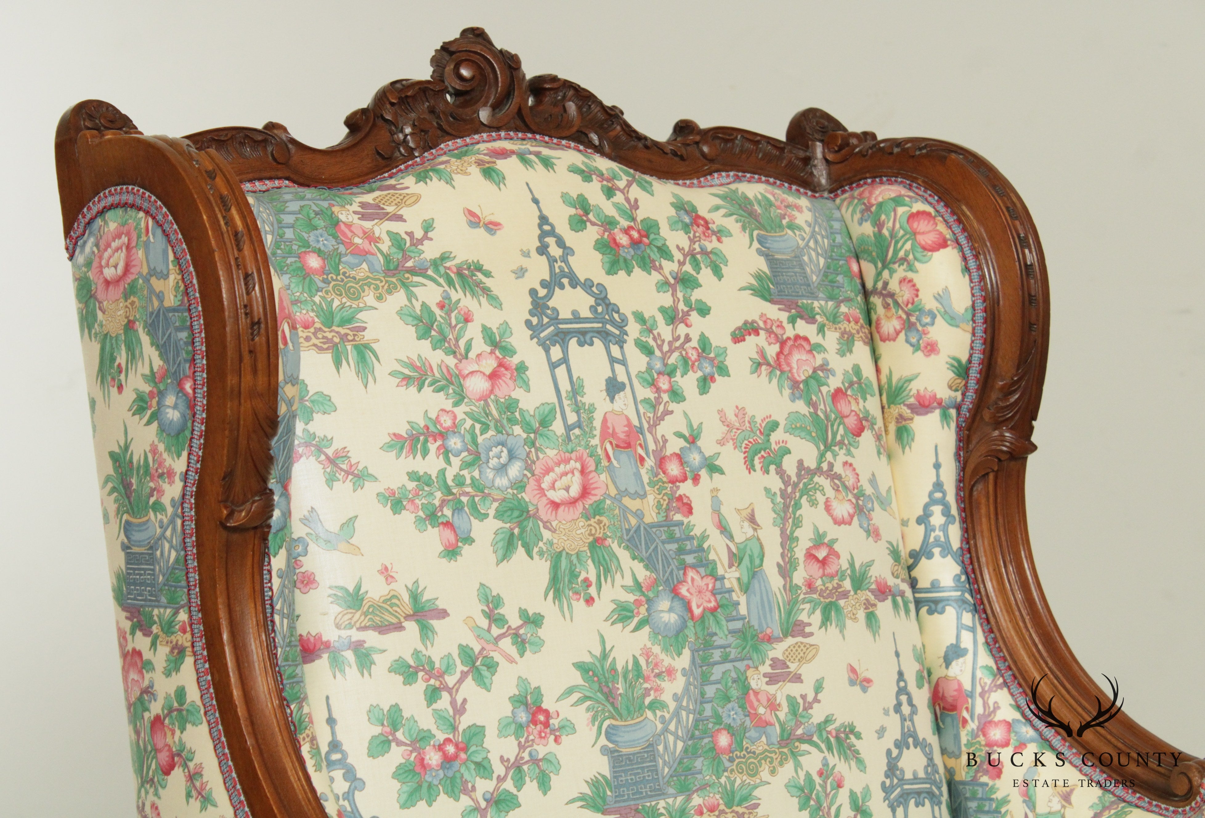 Lawsonia French Louis XV Style Vintage Carved Walnut Bergere Wing Chair