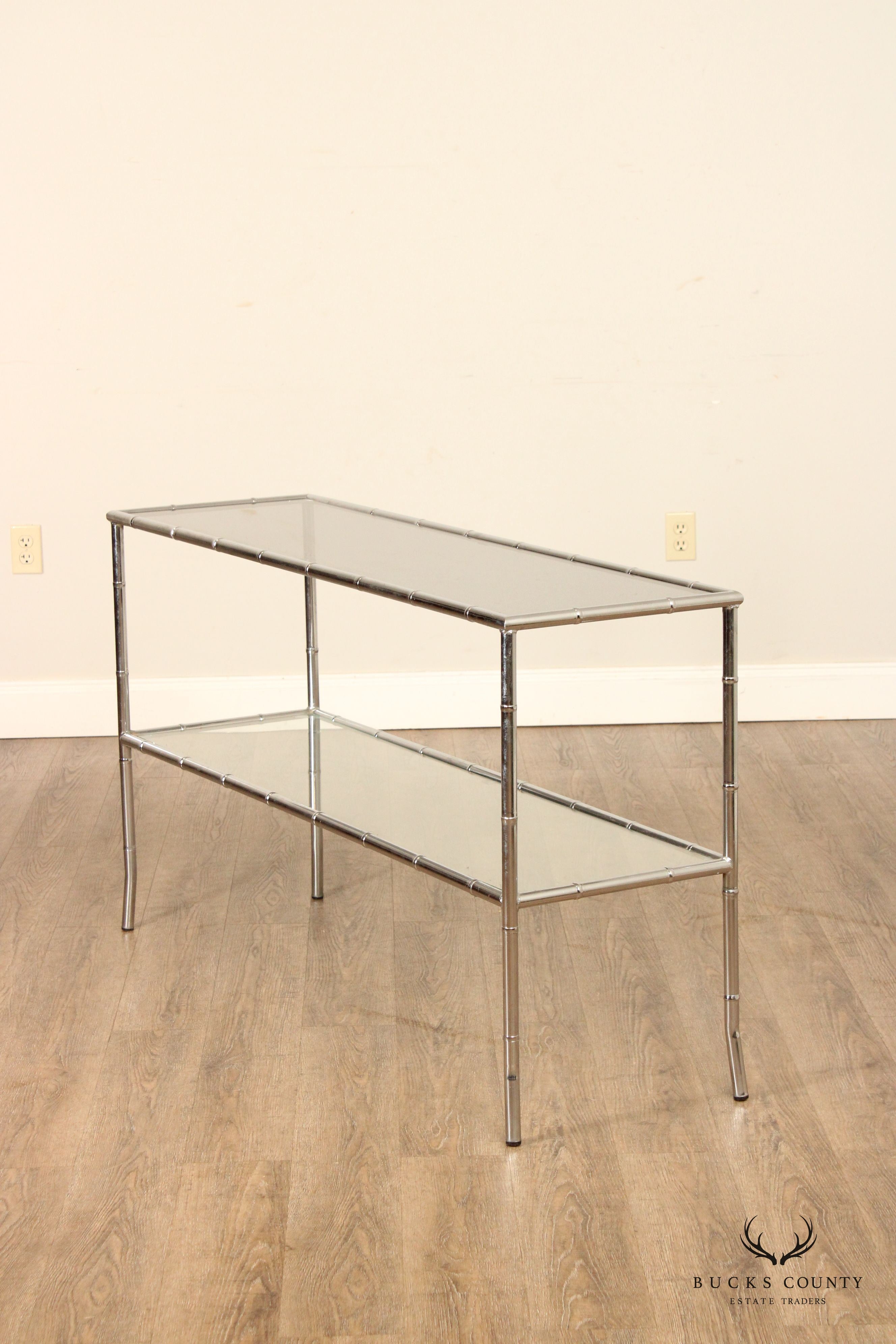 Hollywood Regency Faux Bamboo Chromed Glass Console Table