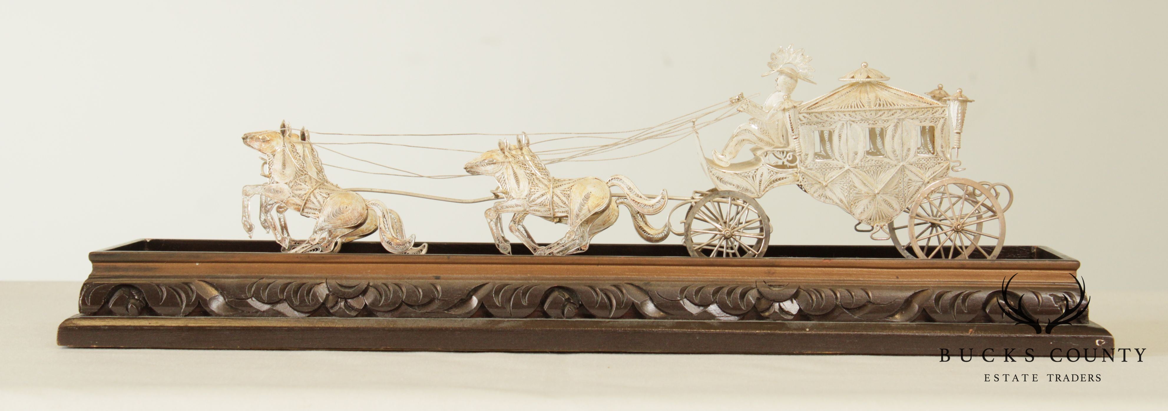 Sterling Silver Wire & Filigree Carriage with Driver and Four Horses, Carved Wood Base