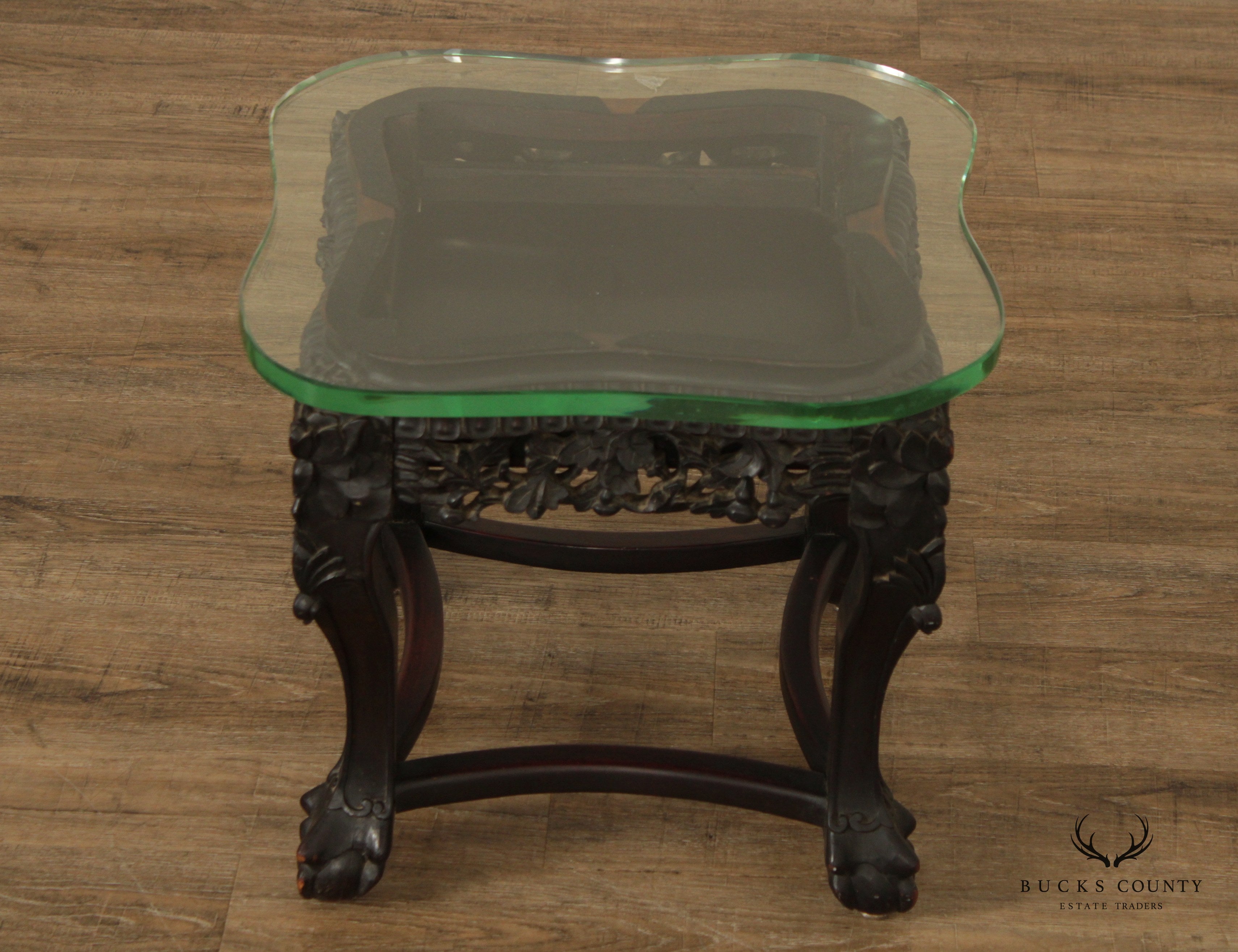 Antique Asian Ornate Carved Tabouret Side Table with Glass Top