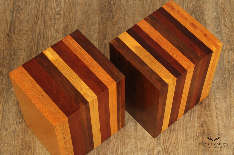 1960s Mid Century Vintage Mixed Wood Pair Side Tables Inspired by Milo Baughman