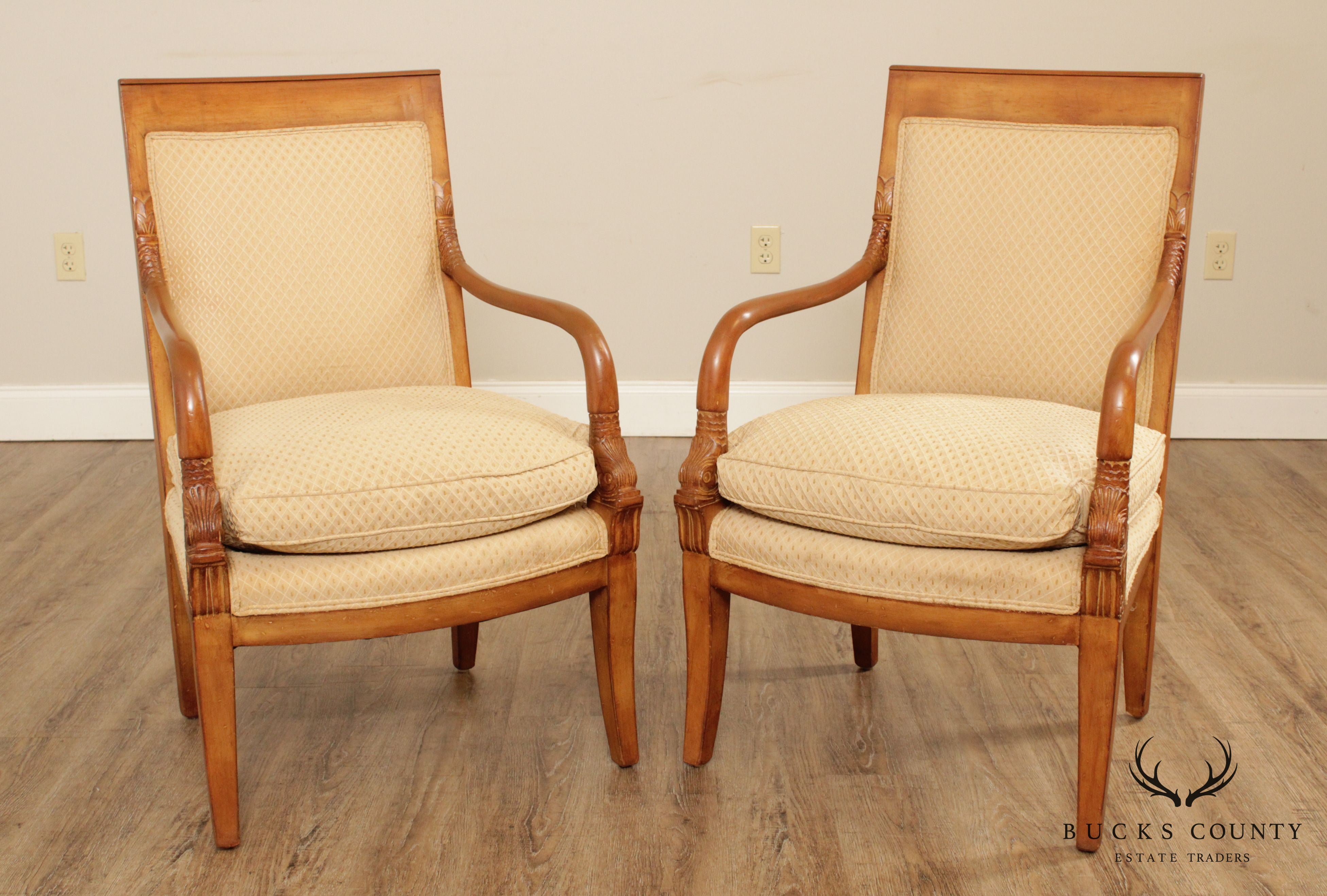 French Empire Style Pair Dolphin Carved Armchairs