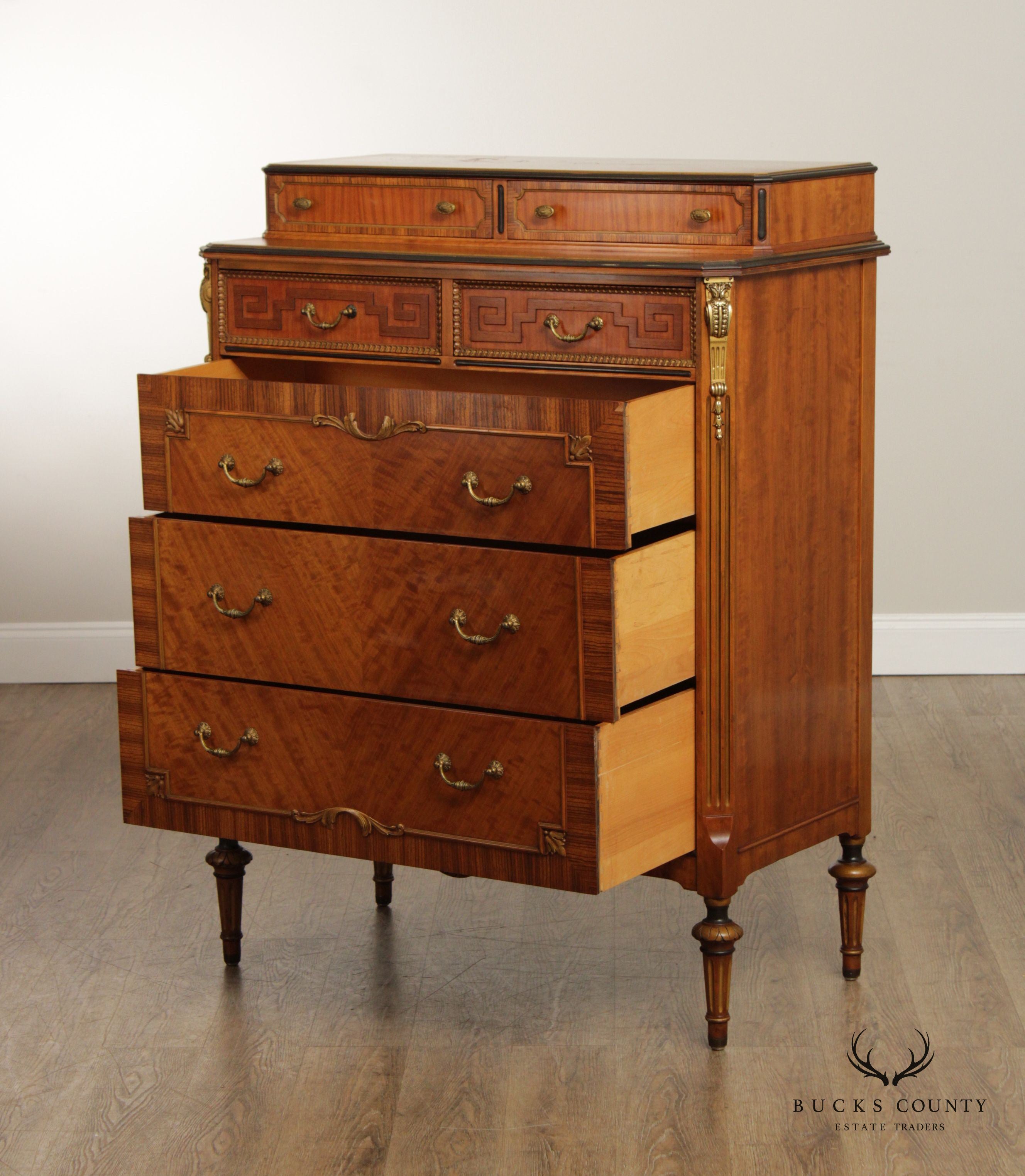 1930's French Louis XVI Style Vintage Satinwood High Chest By Sligh