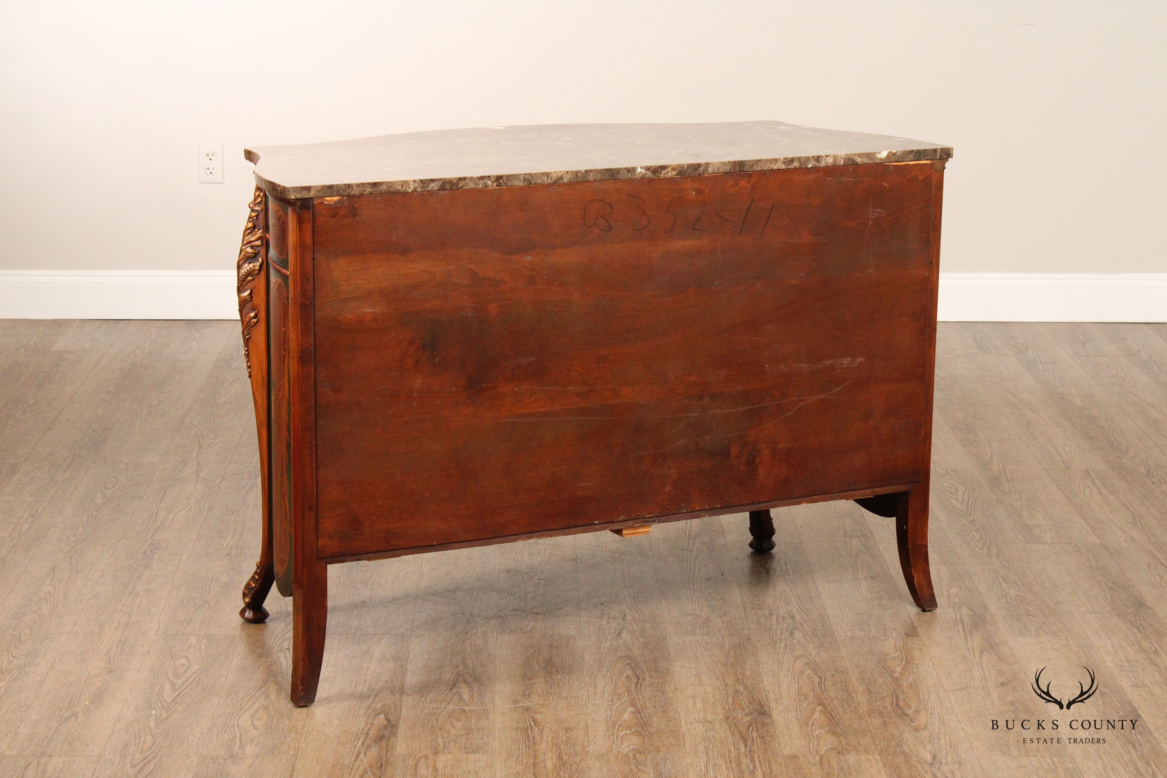 French Louis XV Style Paint Decorated Marble Top Commode