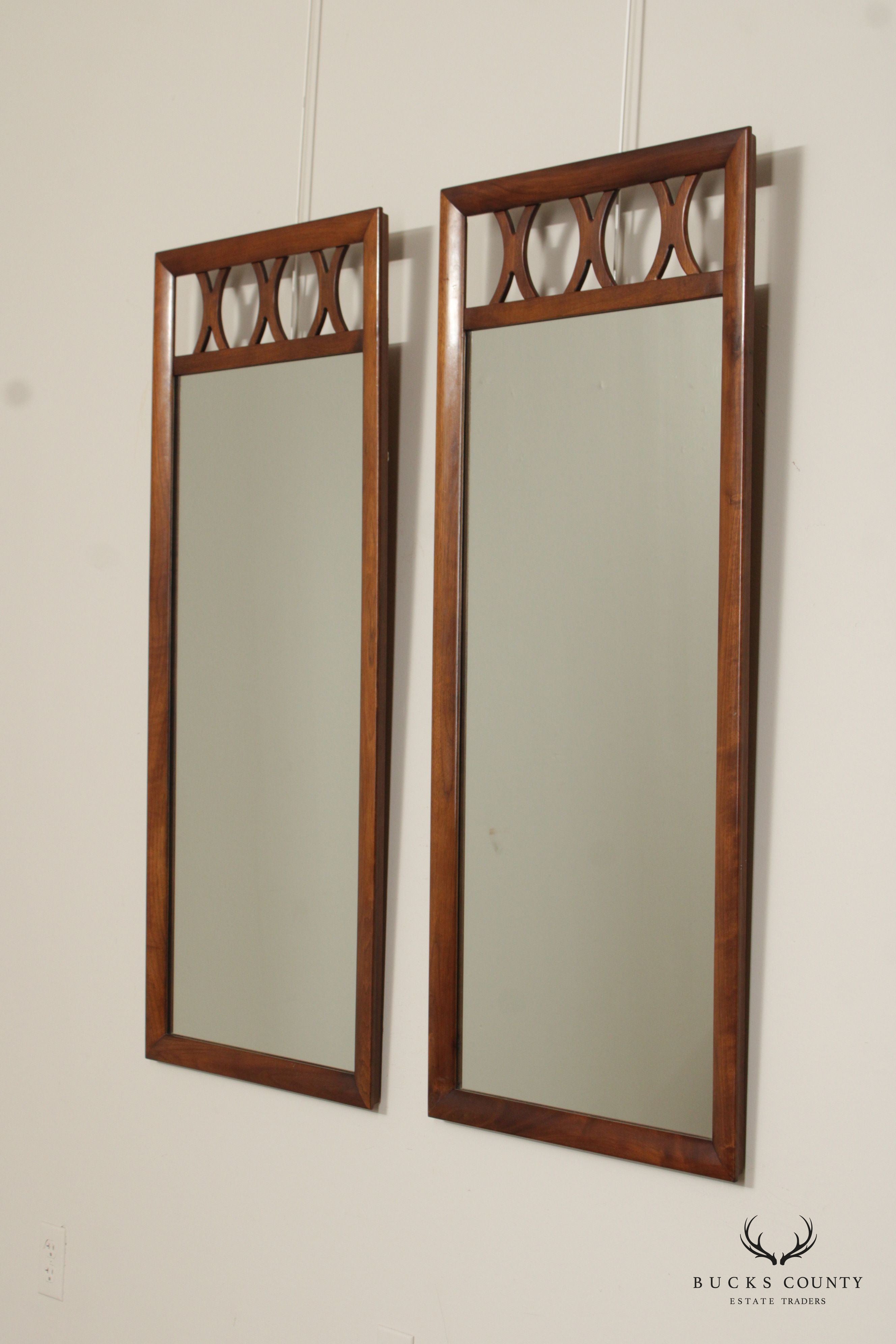 Mid Century Modern Pair of Walnut Frame Wall Mirrors