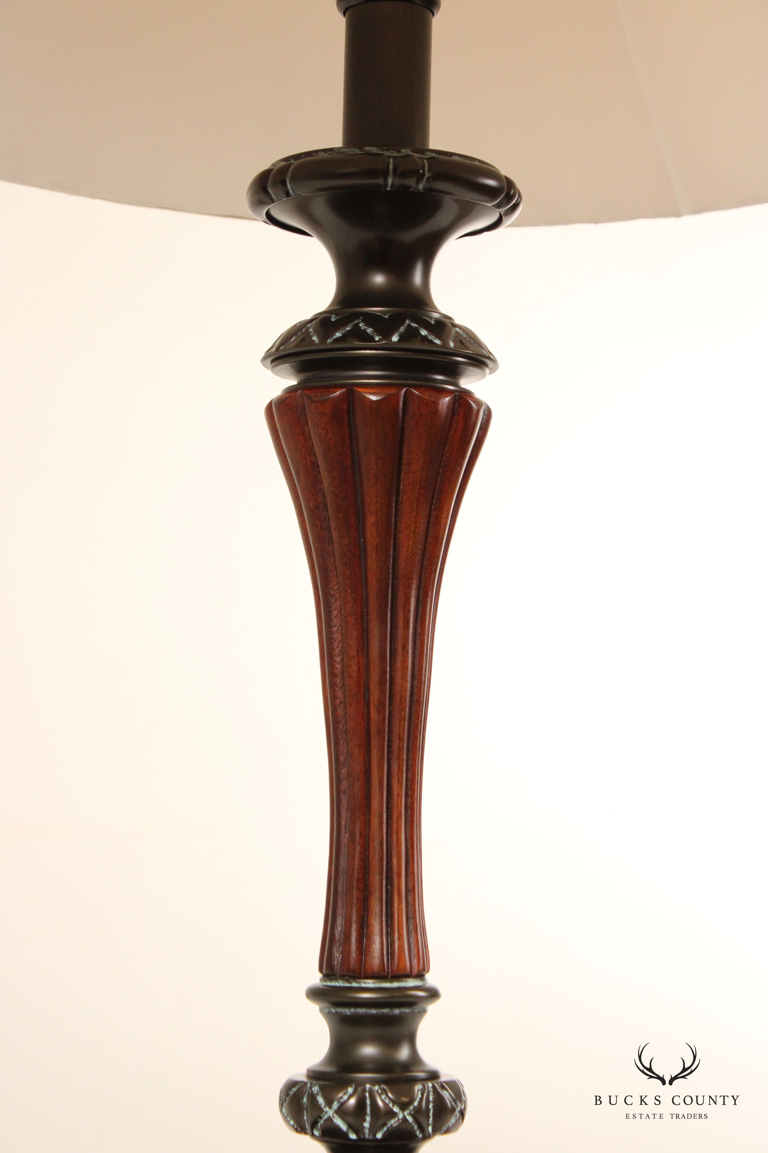 Traditional Bronze, Wood and Marble Candlestick Table Lamp