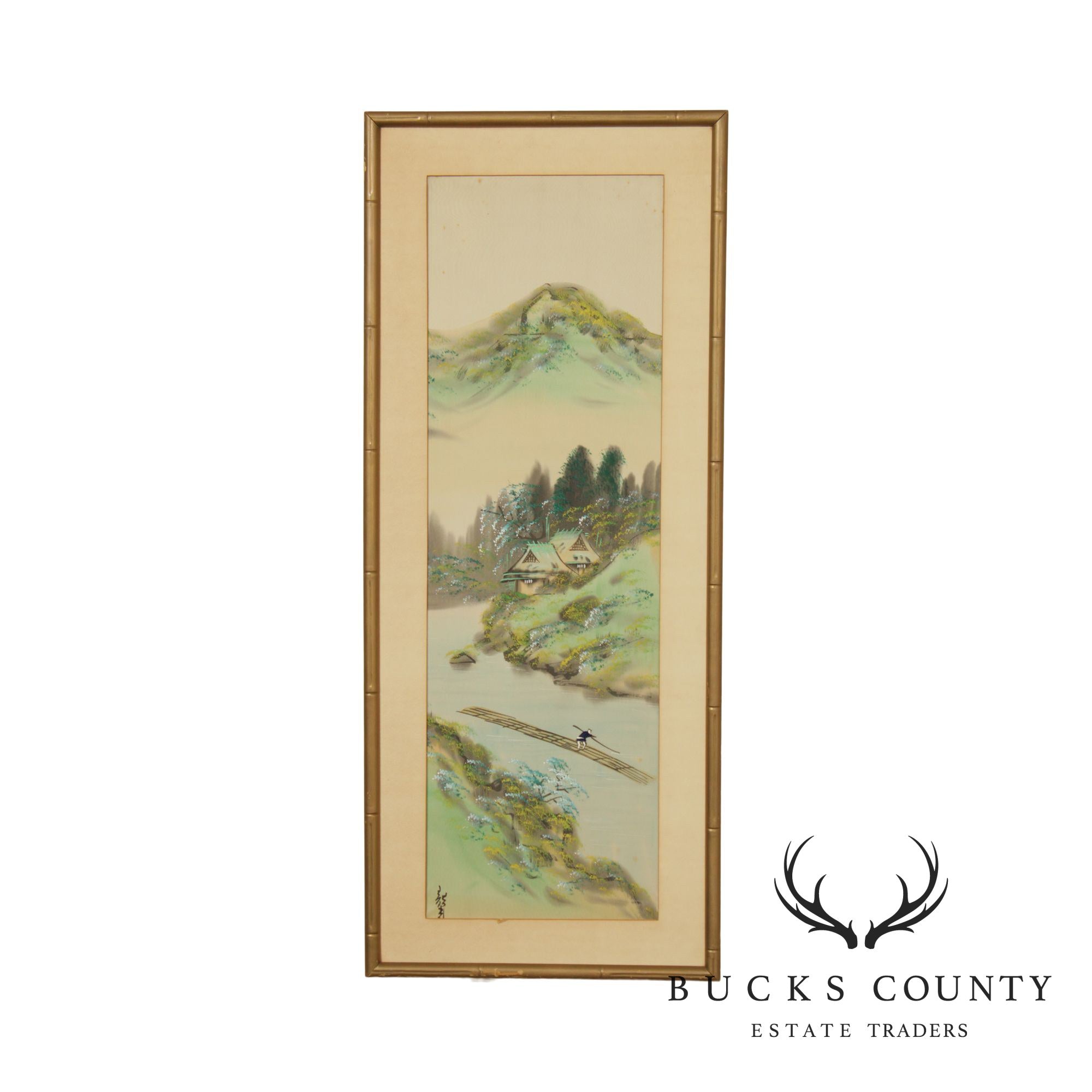 Vintage Chinese Mountain Landscape Watercolor Silk Painting