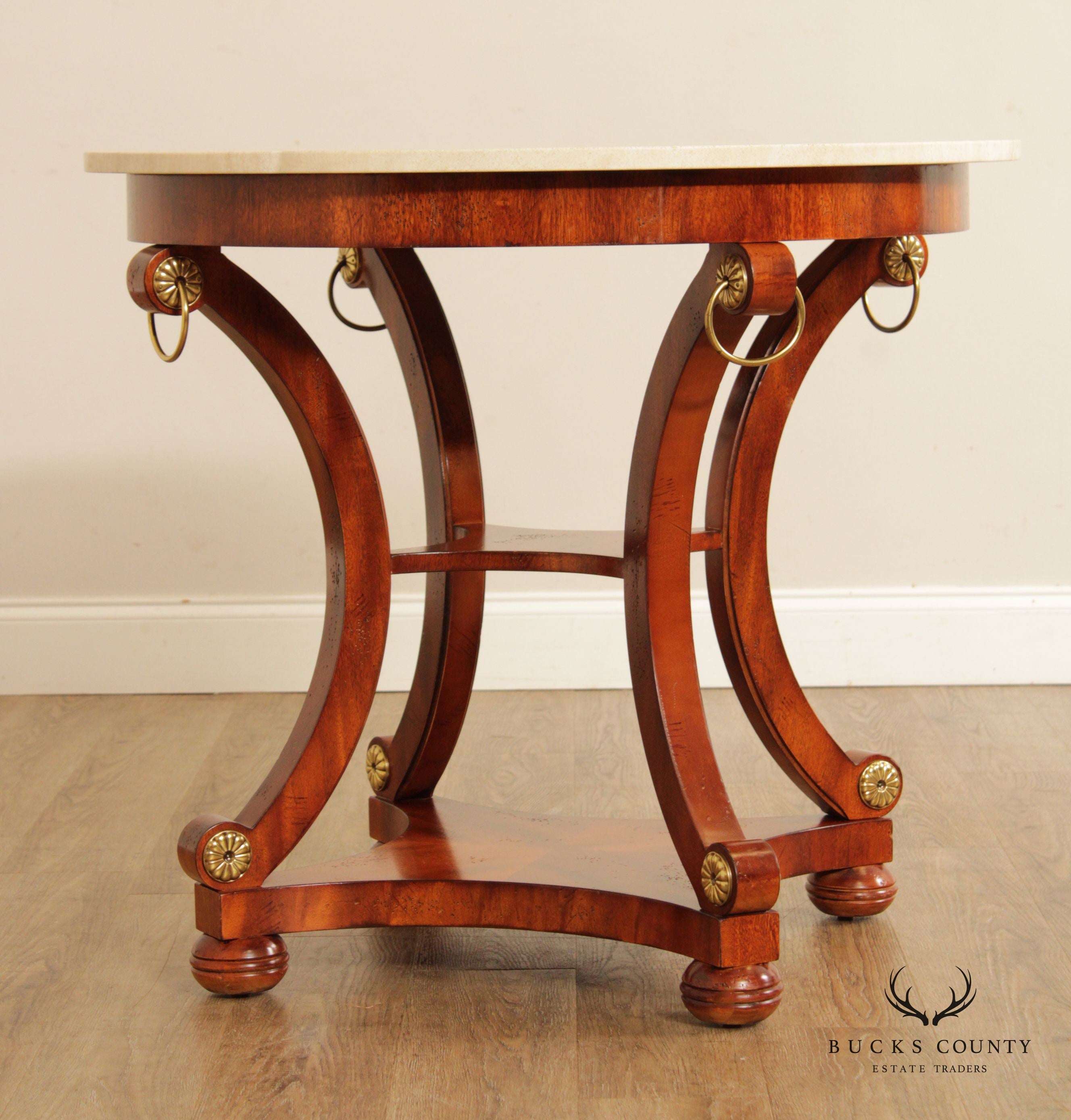 French Empire Style Round Travertine Top Mahogany Center Table