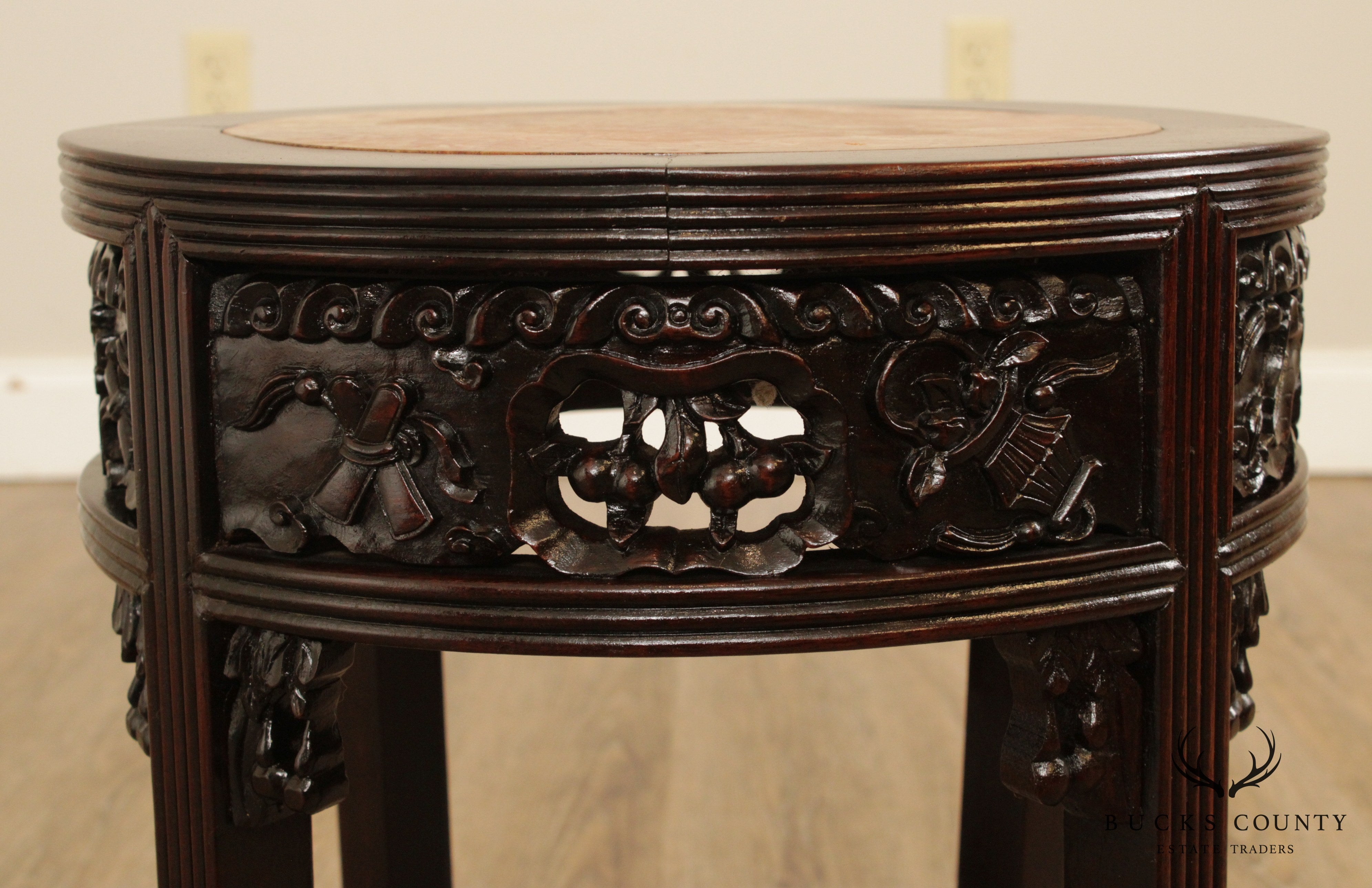 Vintage Carved Asian Round Marble Top Side Table