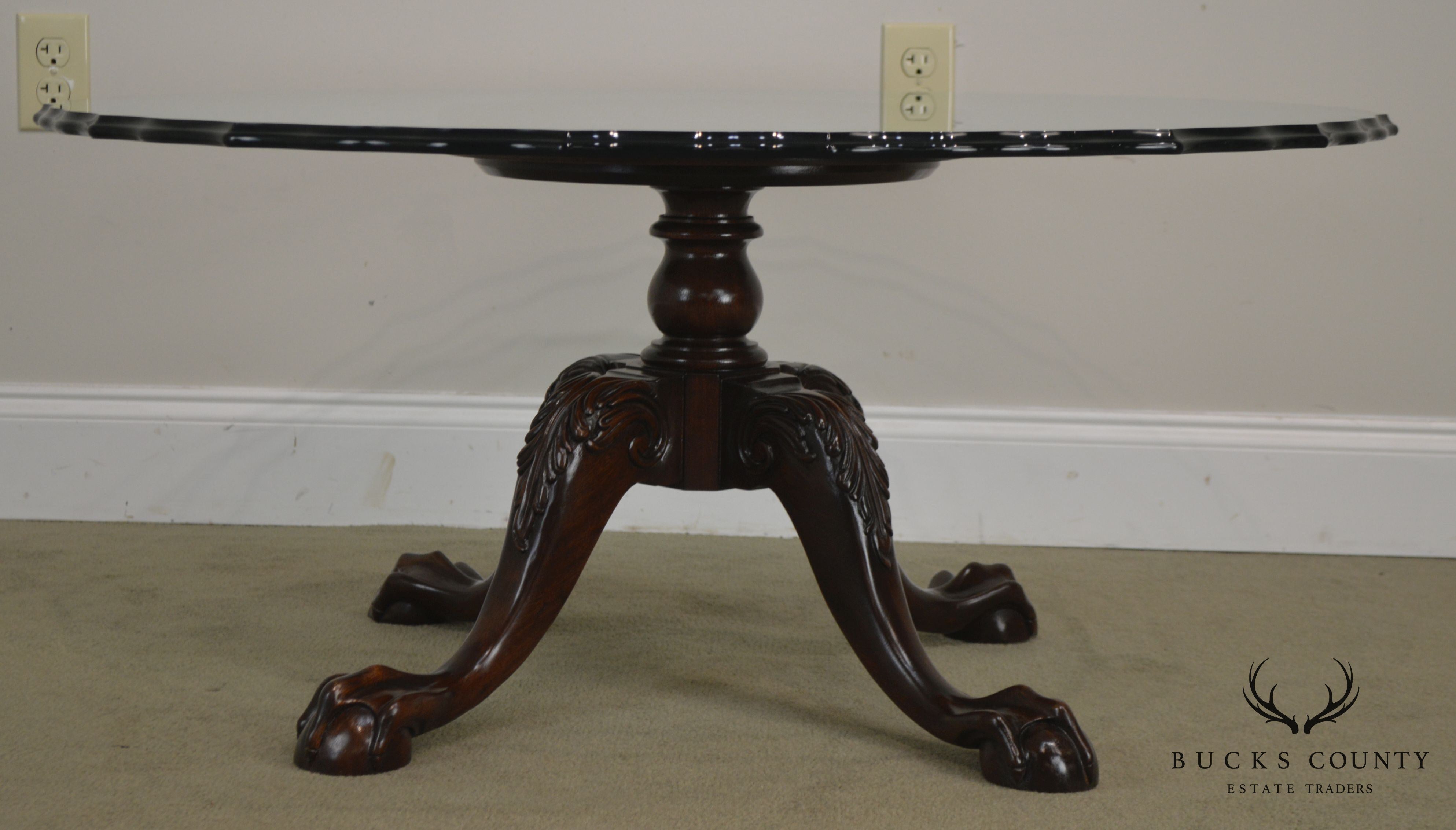 Carved Mahogany Ball & Claw Chippendale Style Glass Top Coffee Table