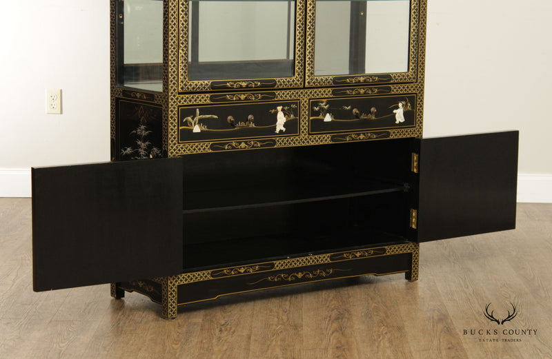 Chinese Pair Black Lacquered Illuminated Curio Display Cabinets