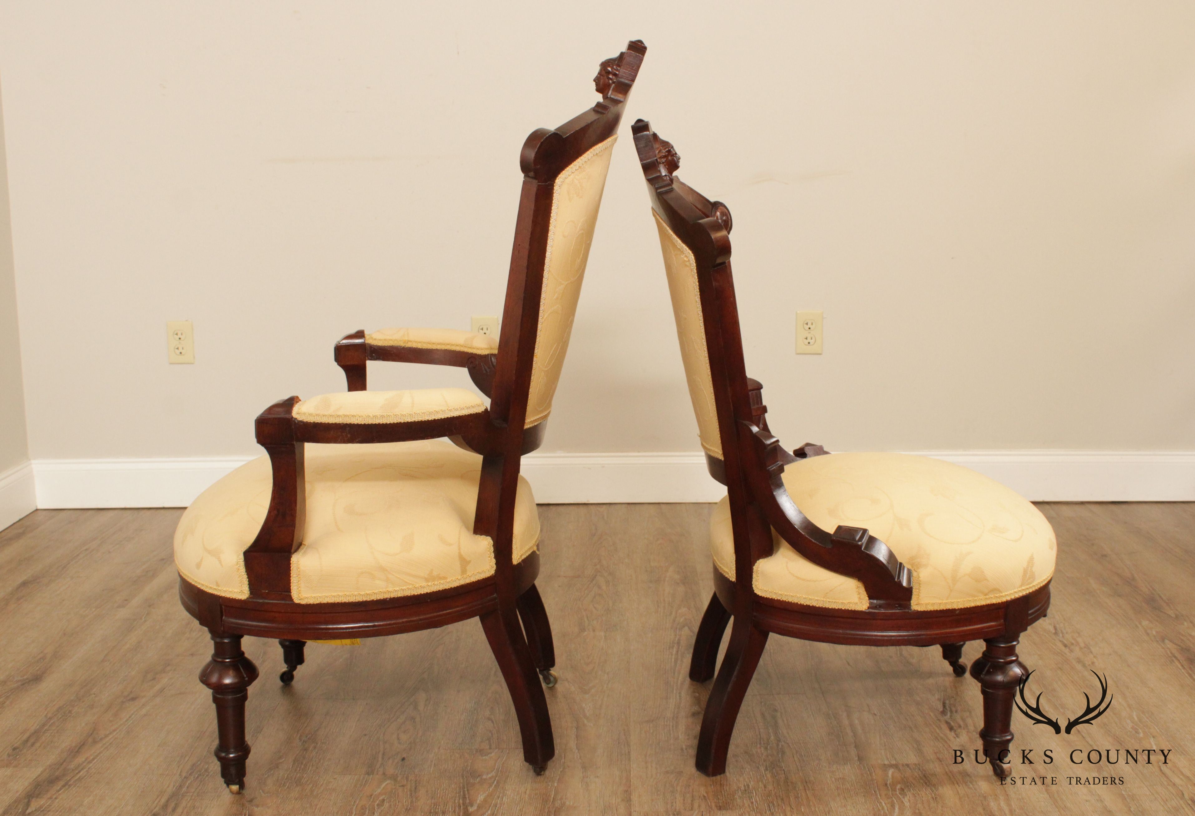 Antique Victorian His & Hers Pair Walnut Armchairs