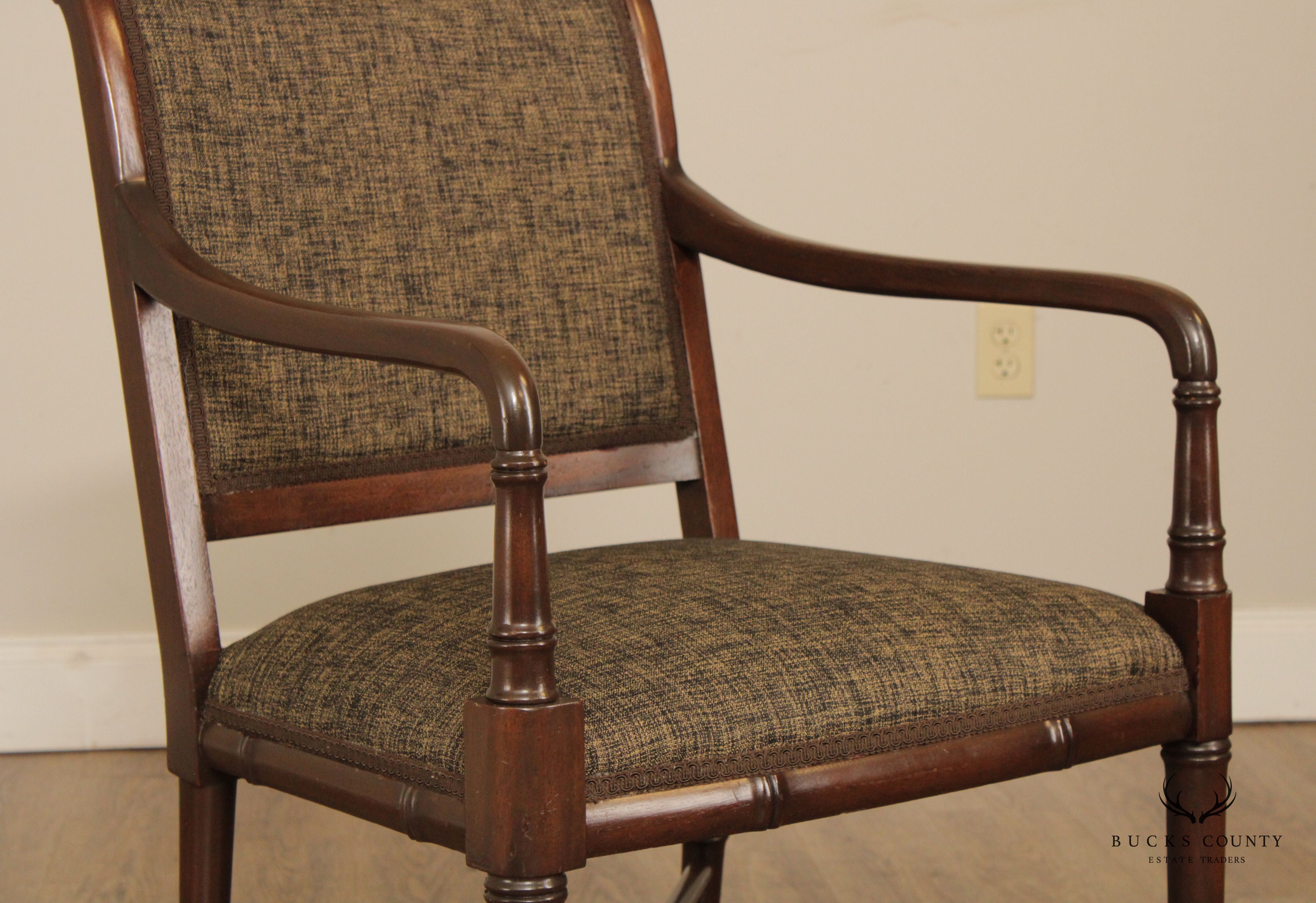 Regency Style Pair Faux Bamboo Mahogany Arm Chairs