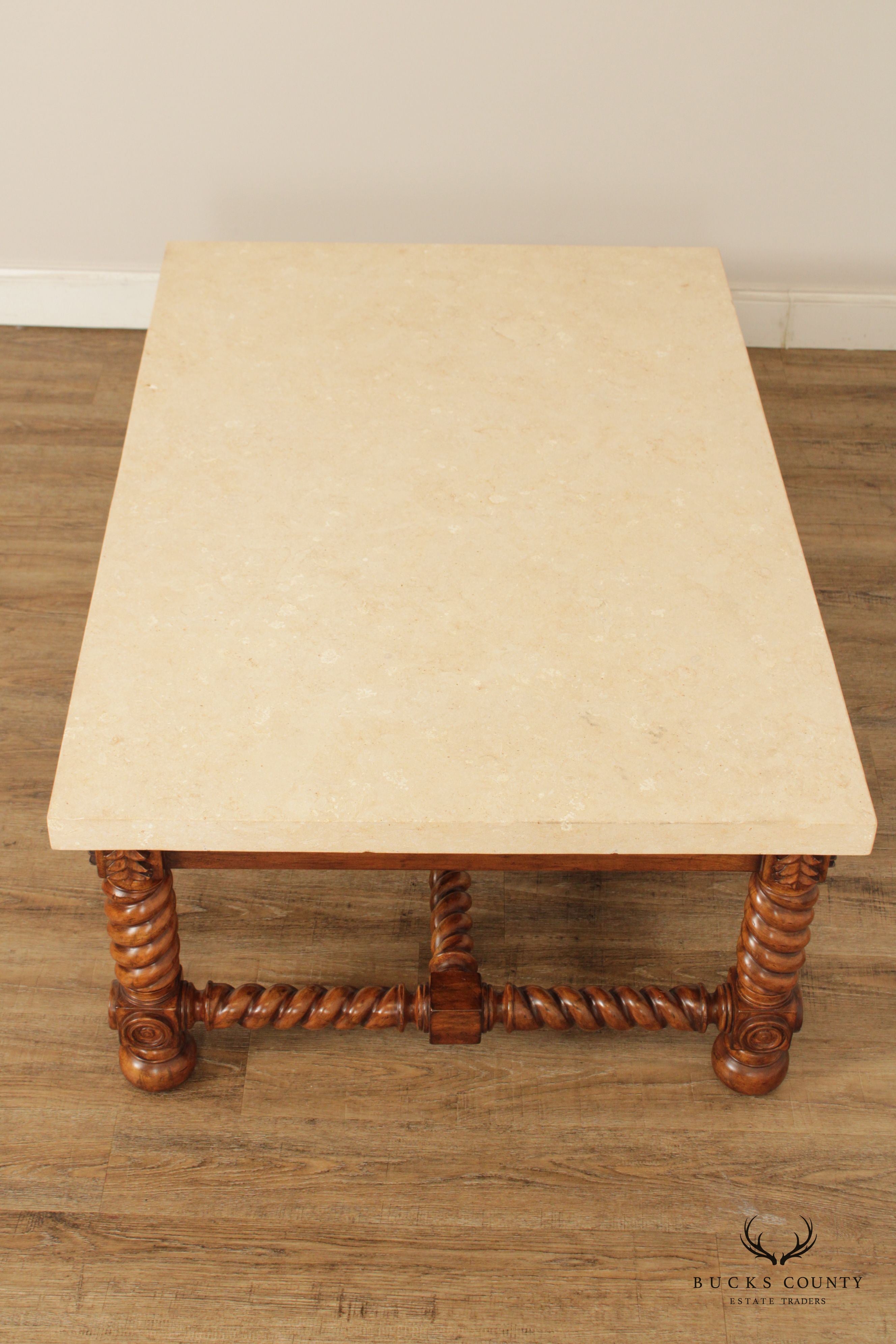 Jacobean Style Barley Twist Travertine Stone Top Coffee Table