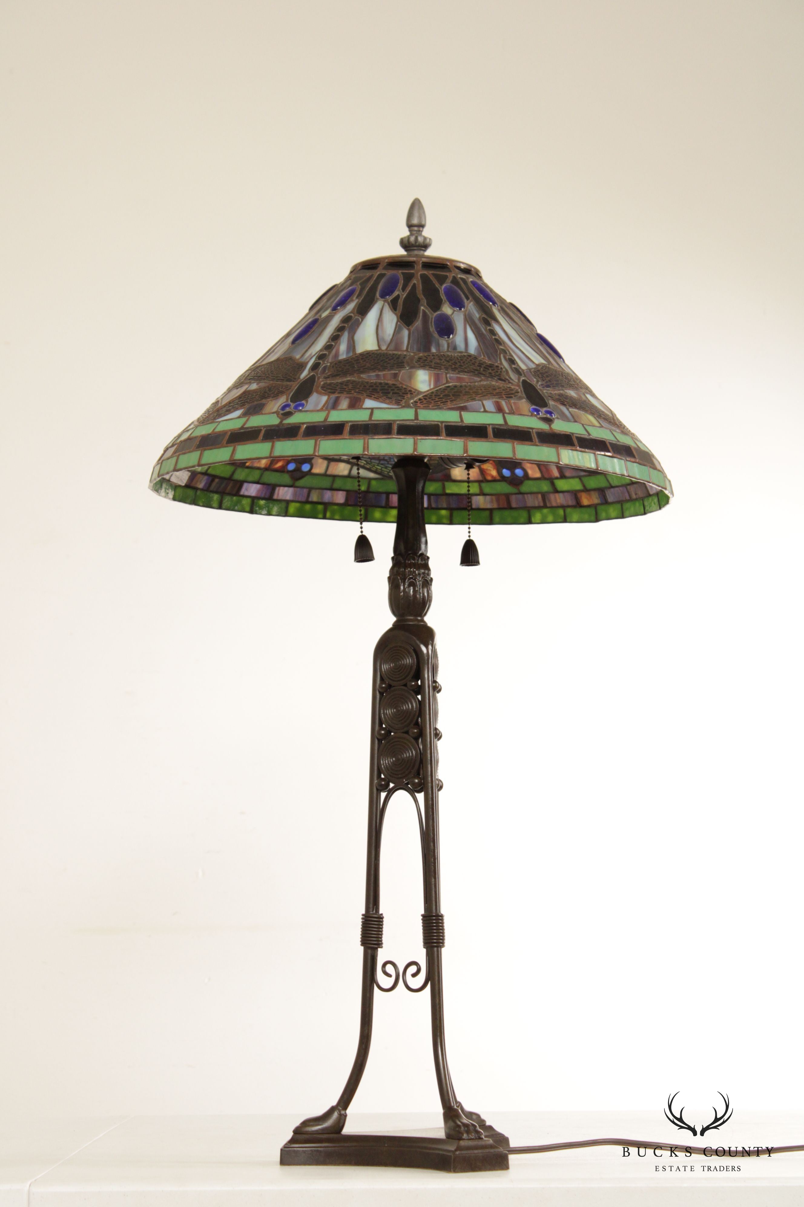 Quoizel Art Nouveau Style Dragon Fly Stained Glass Lamp