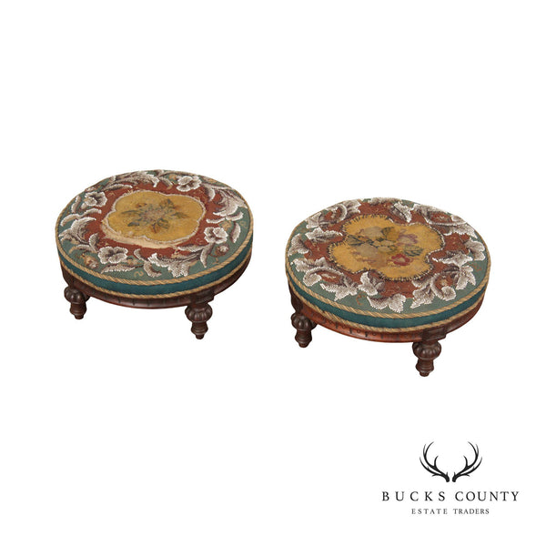 Antique Victorian Pair Round Rosewood Needlepoint Footstools