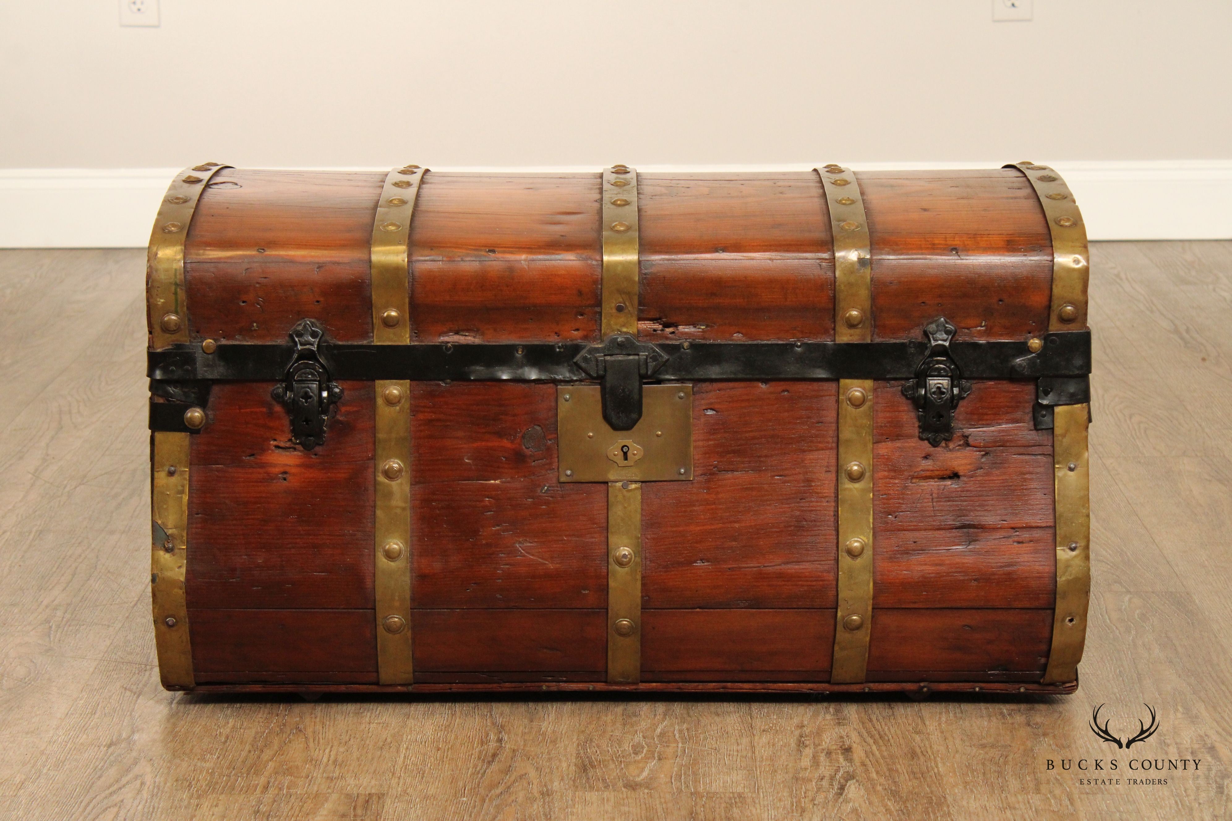 Antique Brass Bound Cedar Jenny Lind Steamer Trunk