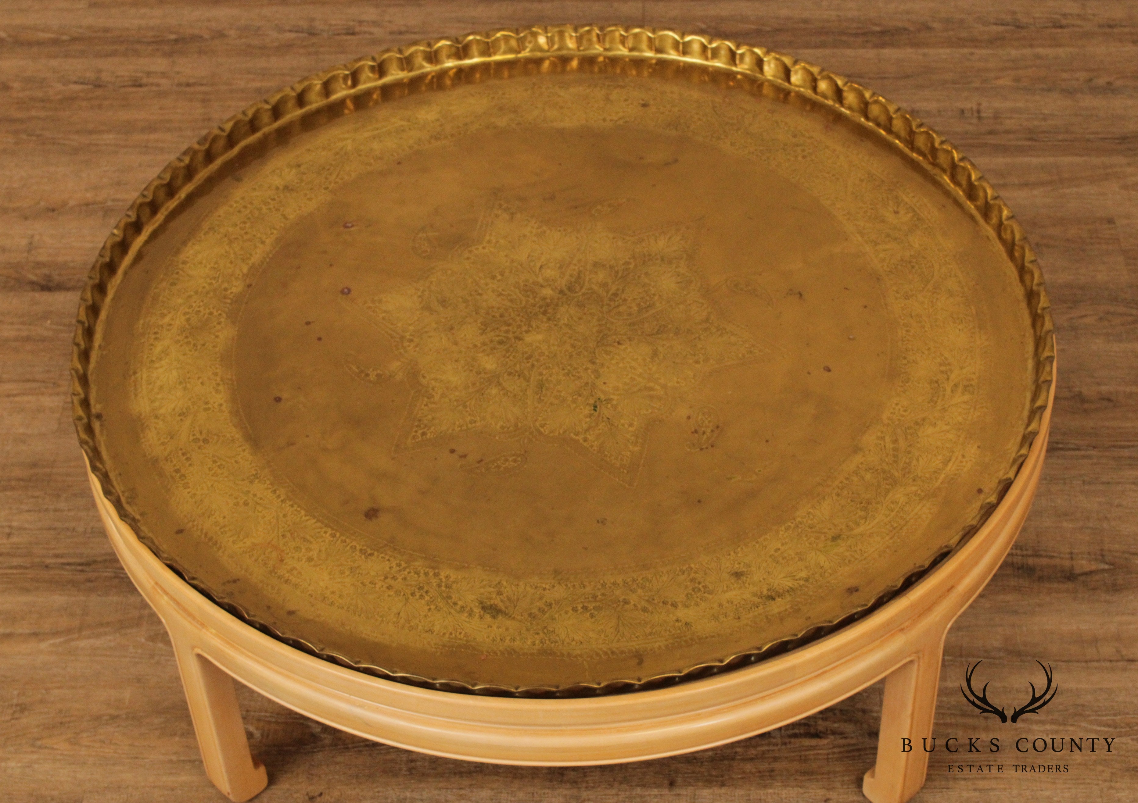 Mid Century Asian Inspired Round Brass Tray Top Coffee Table