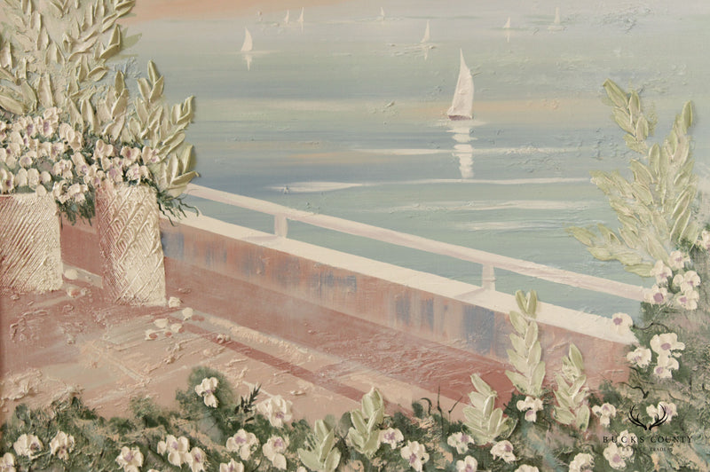 Late 20th C. Impasto Coastal Balcony Landscape Original Painting, Signed