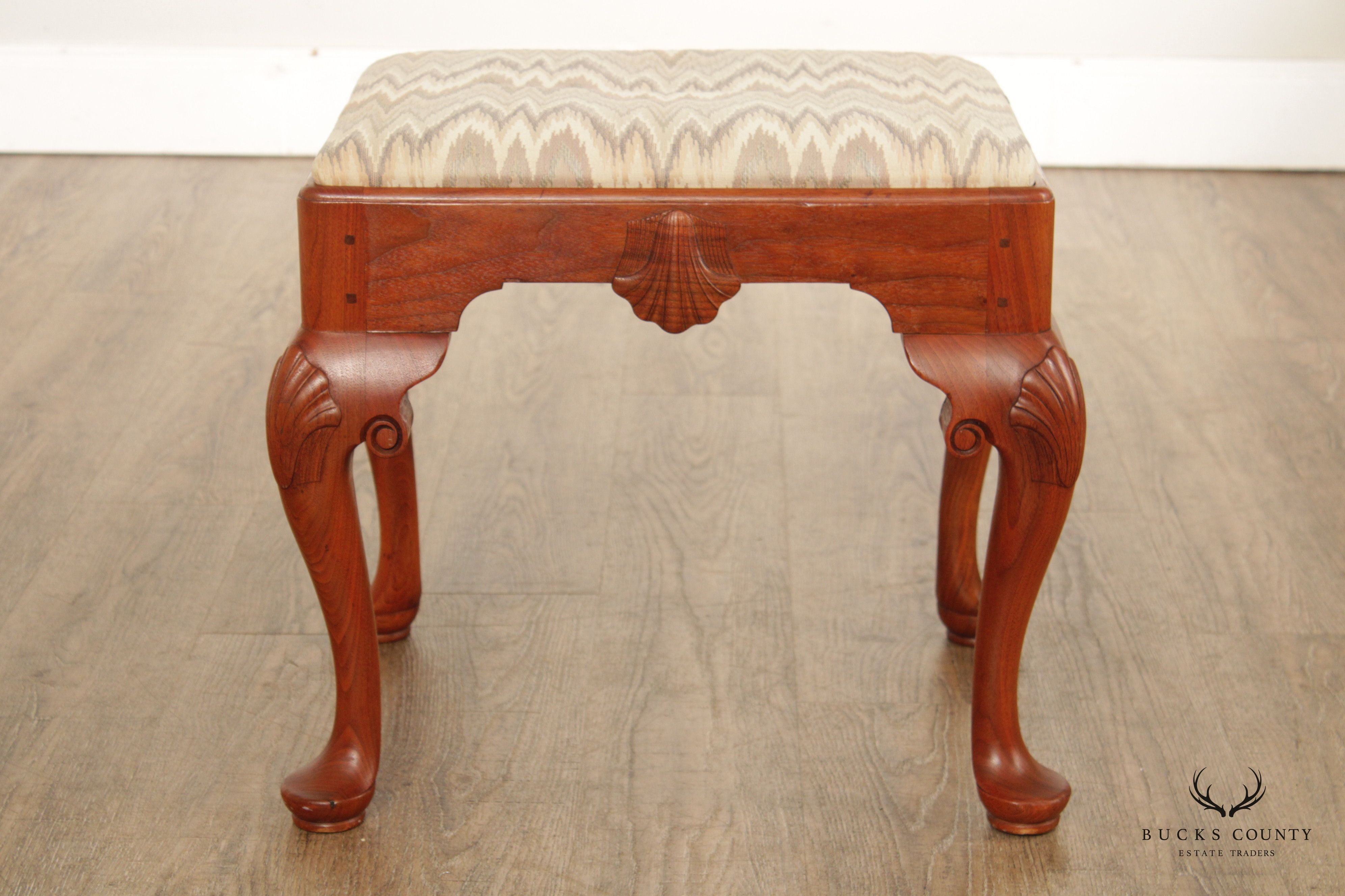 custom Crafted Queen Anne Style Pair of Carved Walnut Stools