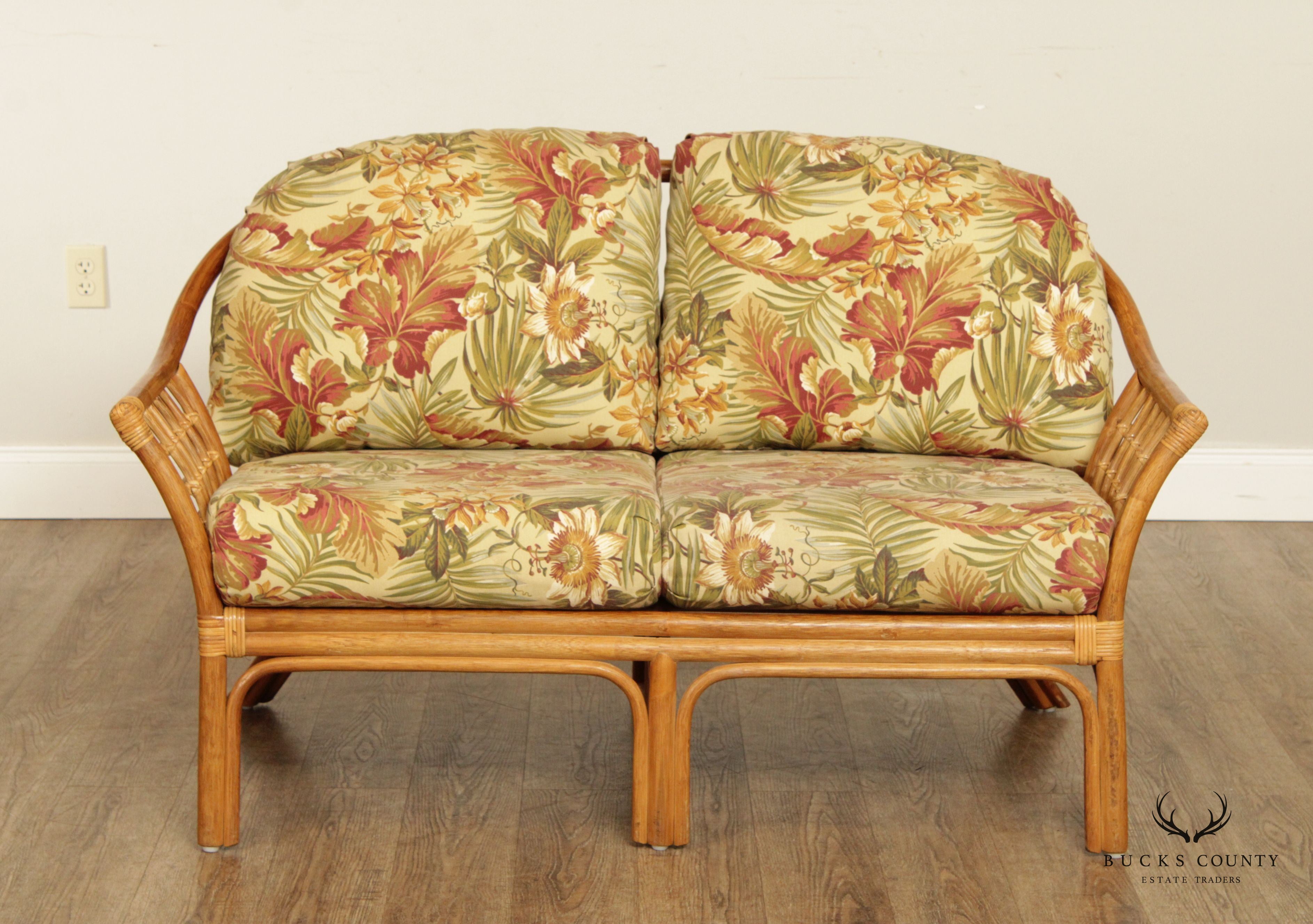 Mid Century Pair Bentwood Rattan Loveseats with Custom Cushions