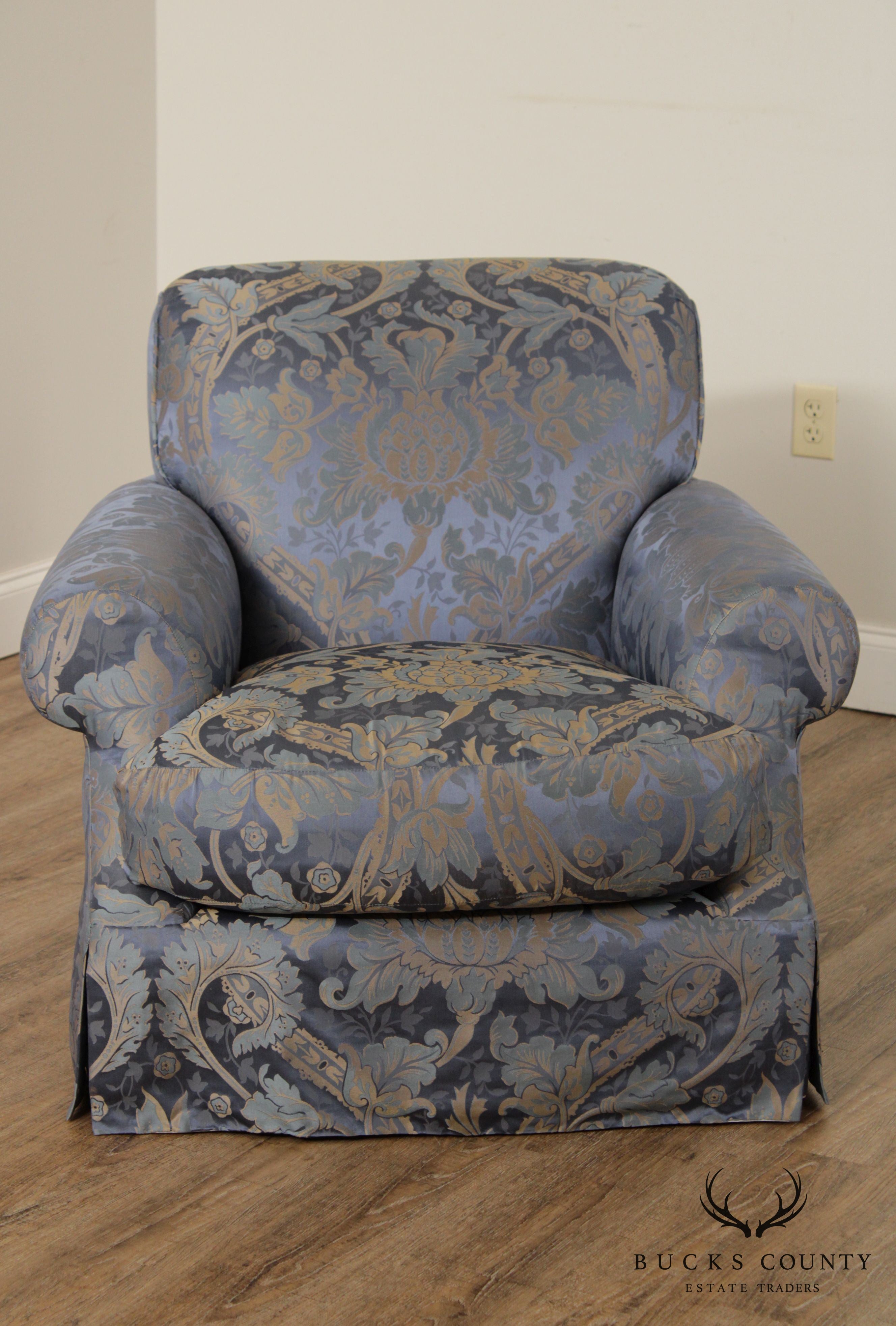 Custom Blue Damask Upholstered Living Room Chair