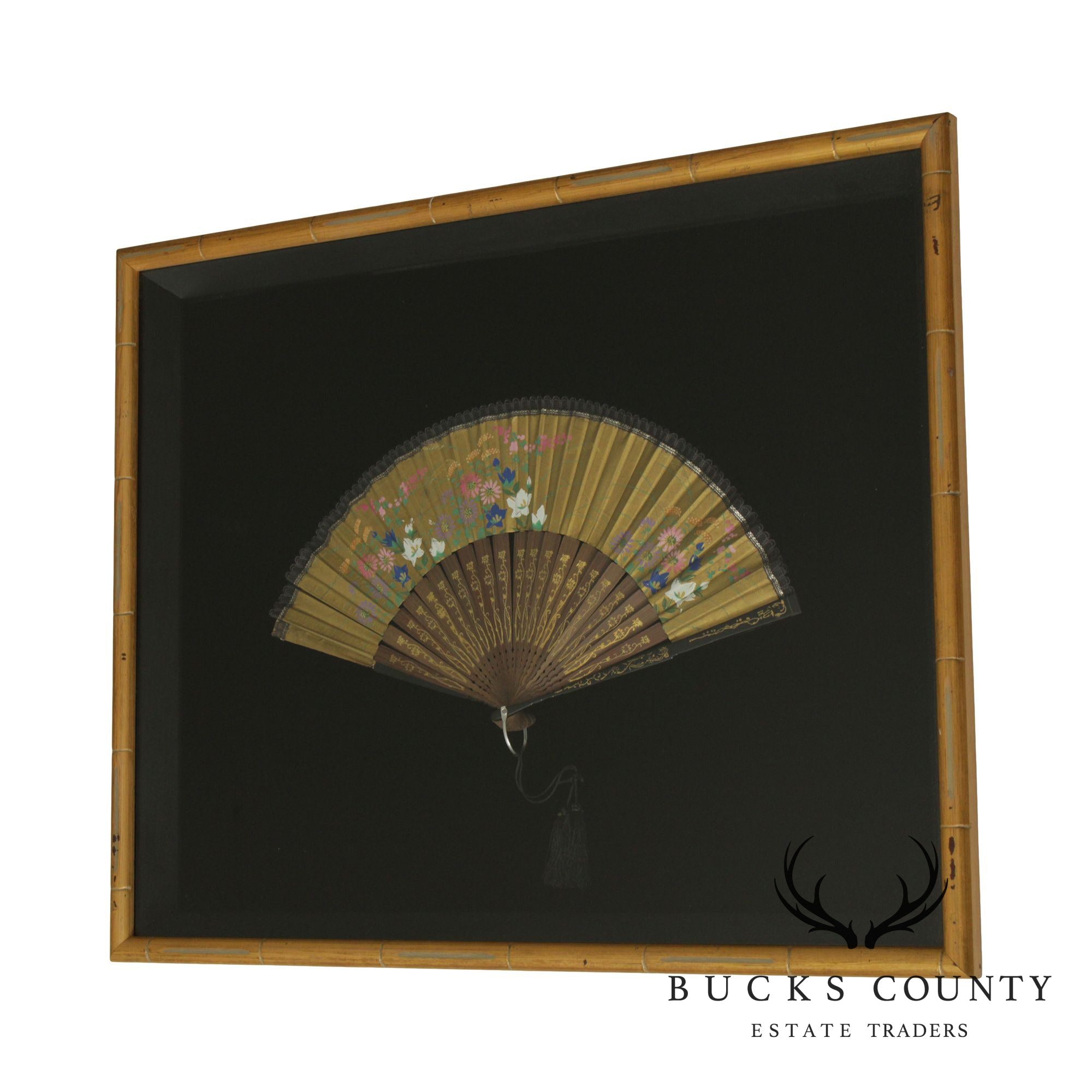 Vintage Gilt Wood Faux Bamboo Framed Japanese Fan (A)